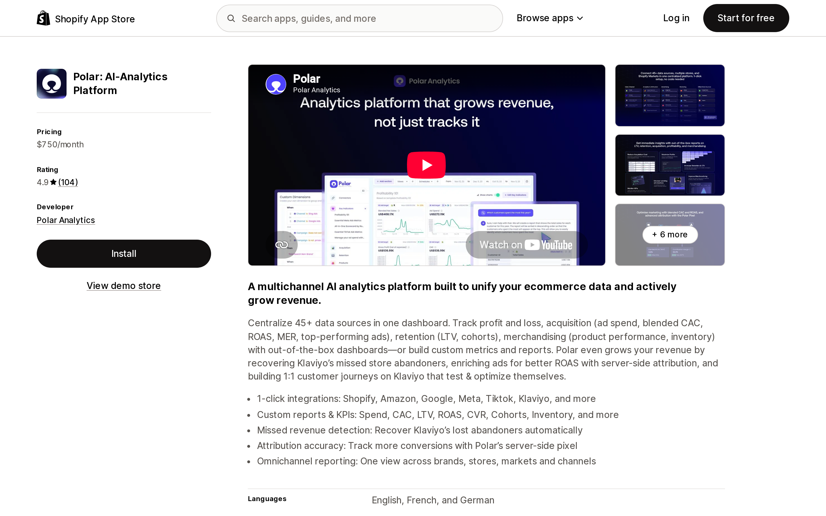 Top of the Shopify App Store listing page for Polar: AI‑Analytics Platform