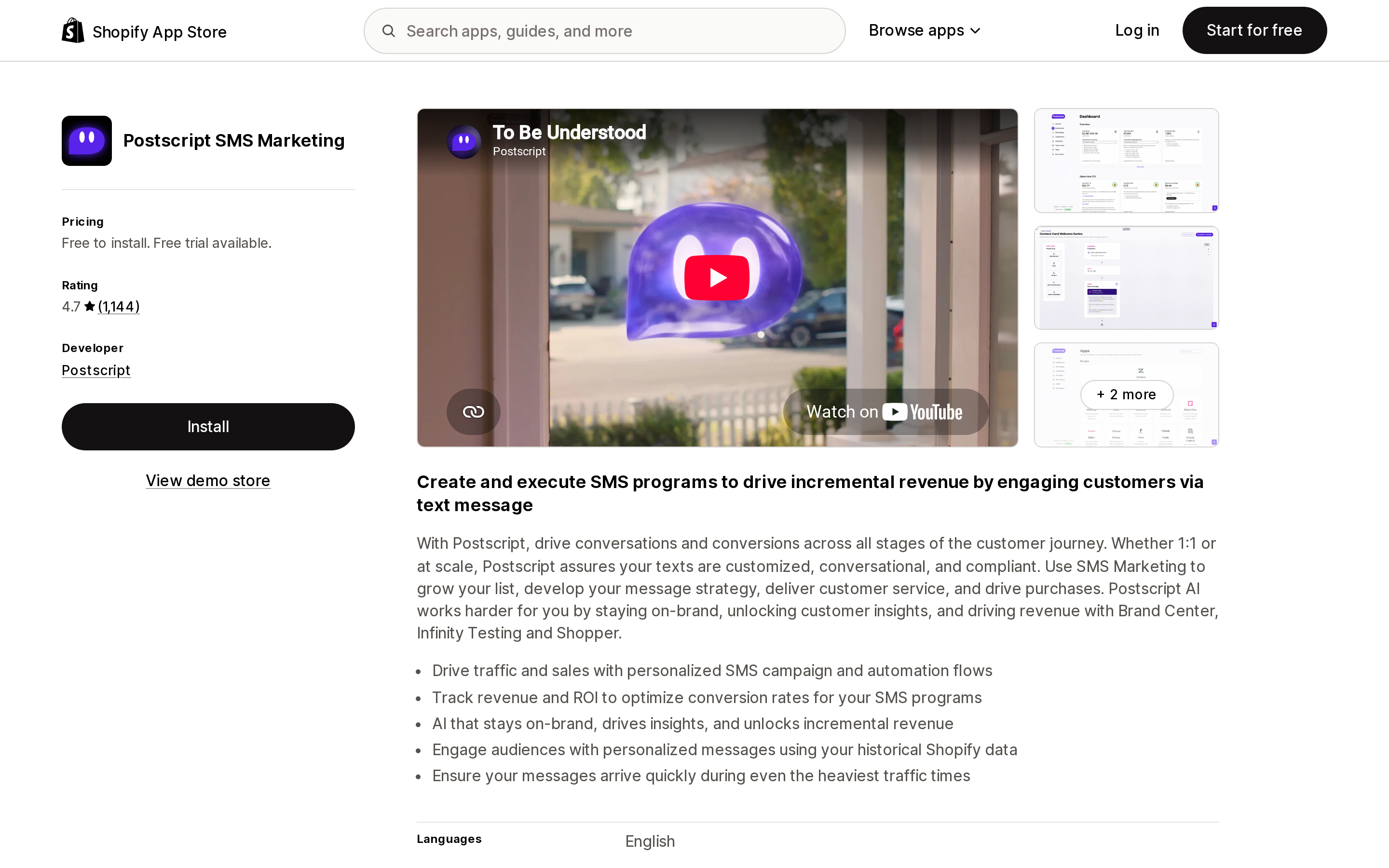 Top of the Shopify App Store listing page for Postscript SMS Marketing