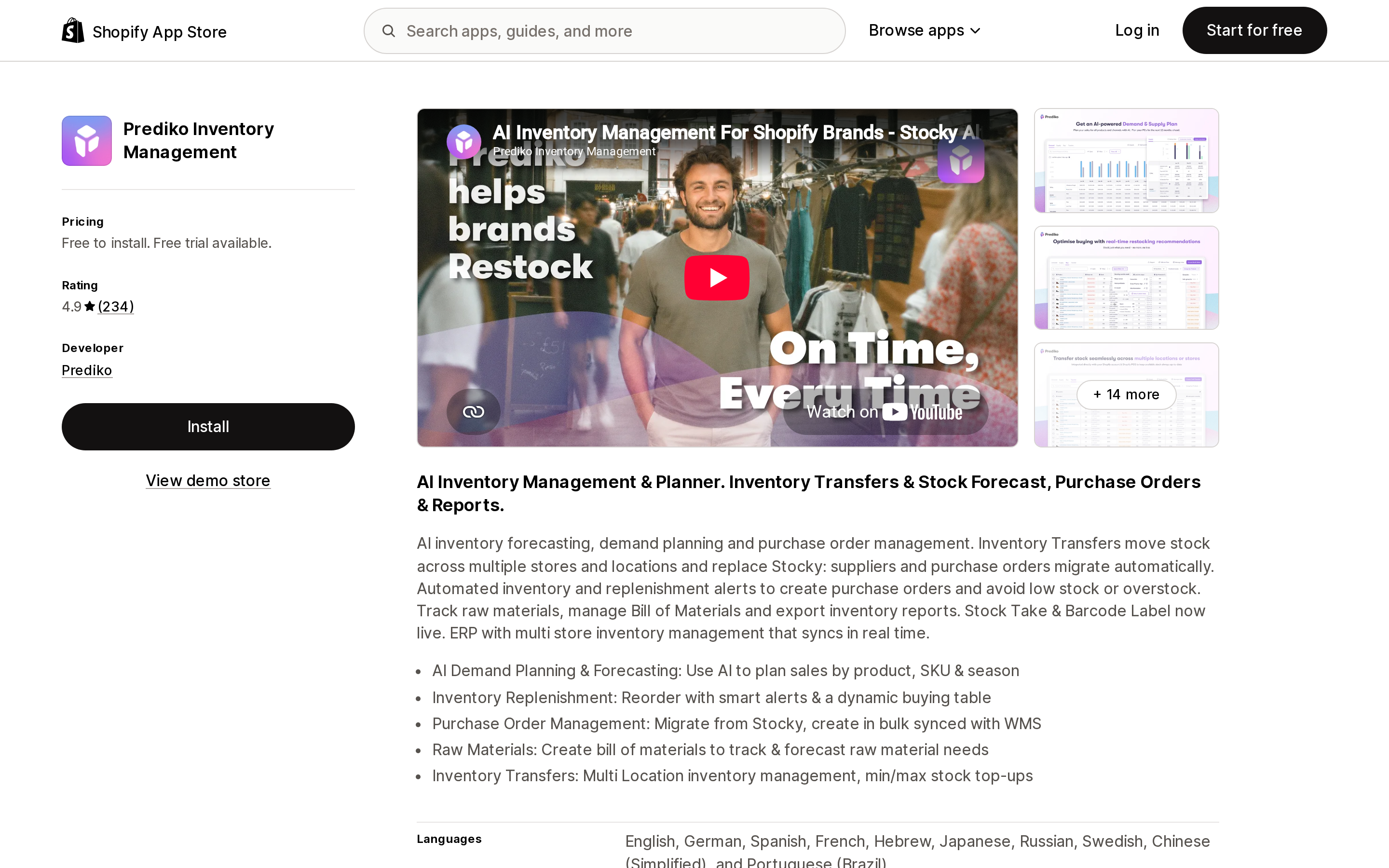 Top of the Shopify App Store listing page for Prediko Inventory Management