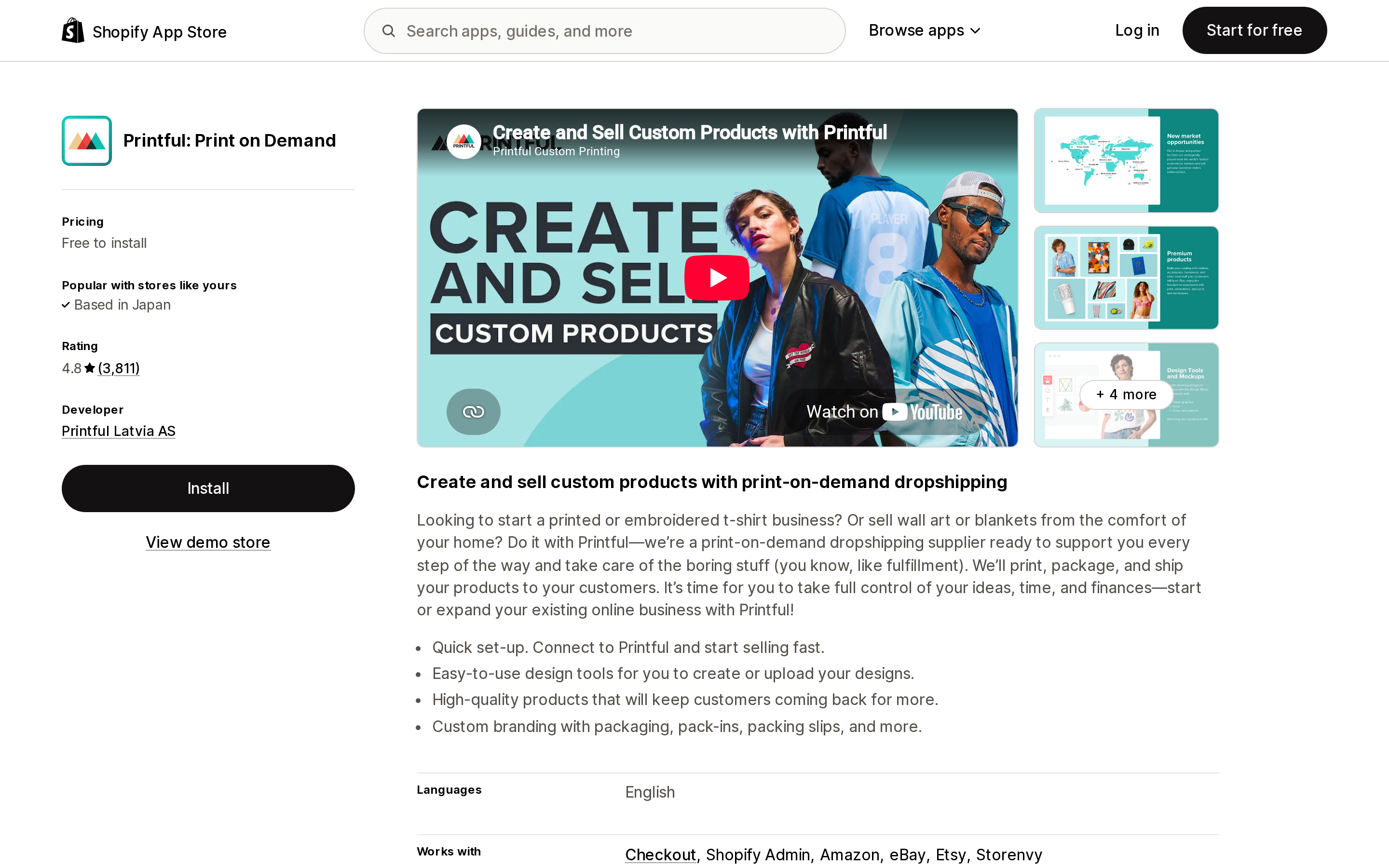Printful: Print on Demand listing on the English Shopify App Store, showing the 4.8 rating from 3,811 reviews and the "Free to install" pricing line