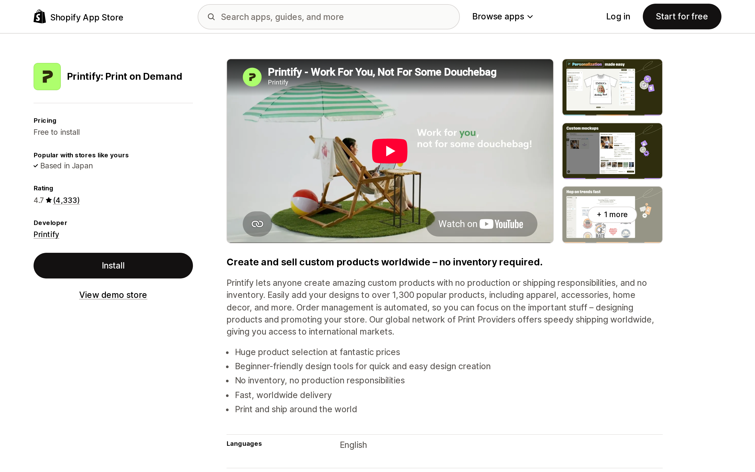 Printify: Print on Demand listing on the English Shopify App Store, showing the 4.7 rating from 4,333 reviews and the "Free to install" pricing line