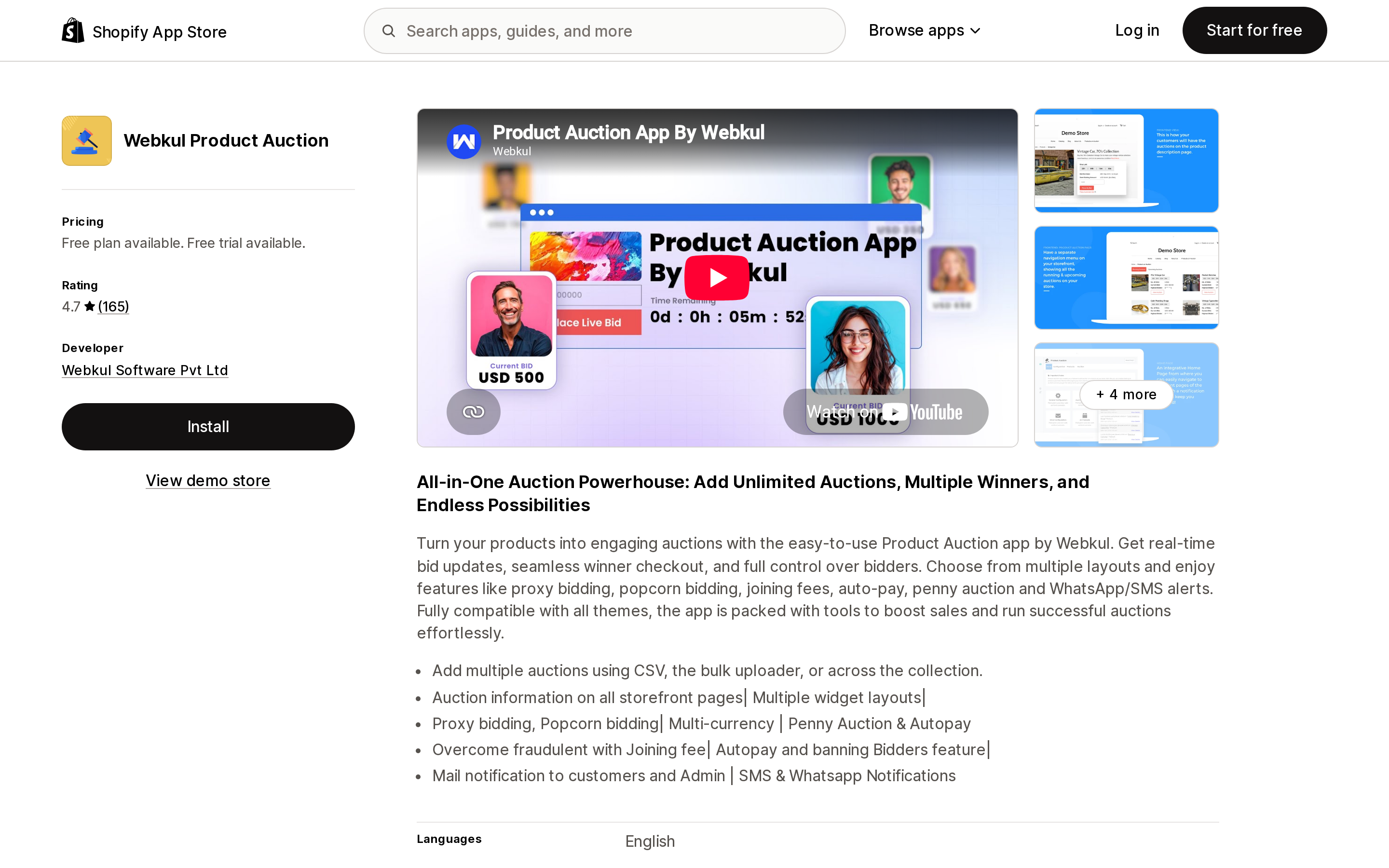 Top of the Shopify App Store listing page for Webkul Product Auction