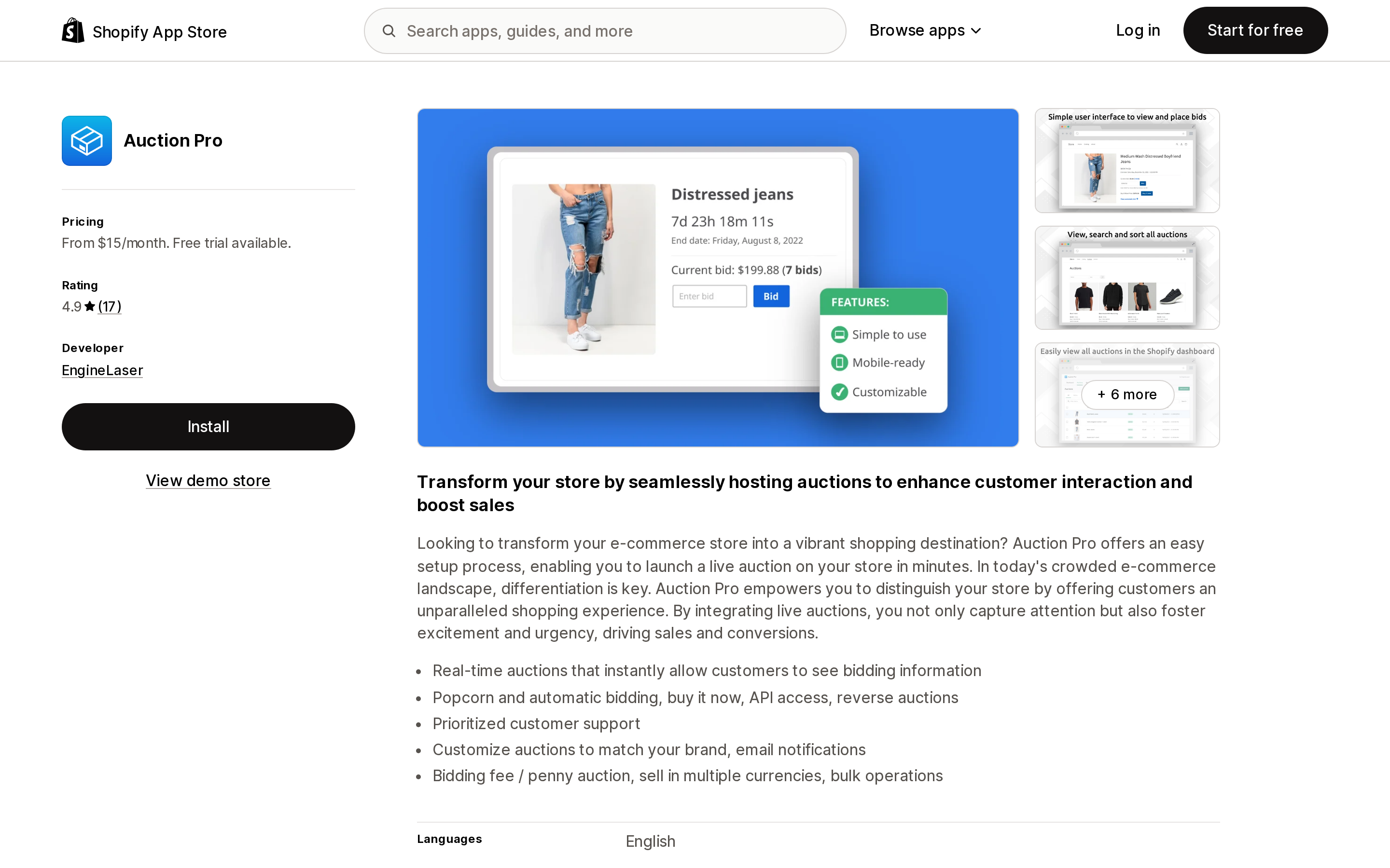 Top of the Shopify App Store listing page for Auction Pro