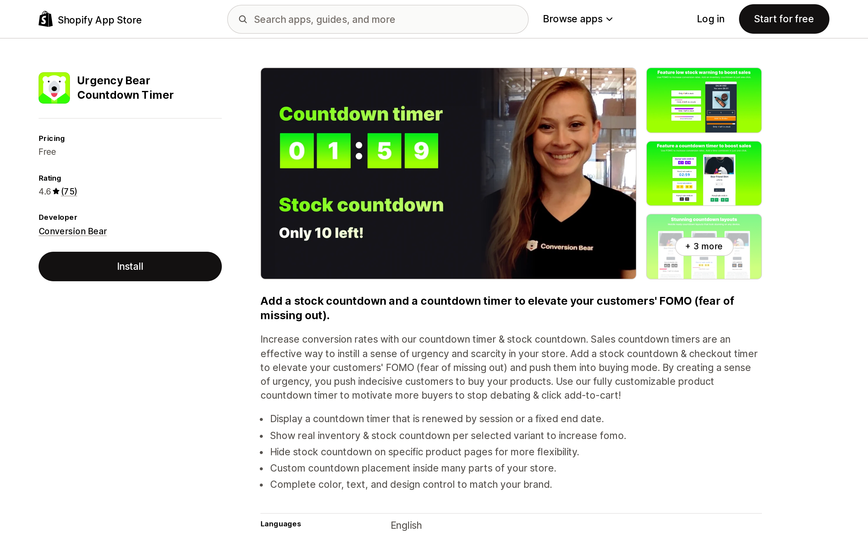 Shopify App Store listing for Urgency Bear Countdown Timer, showing free pricing, a 4.6 star rating from 75 reviews, and a description promising real inventory and stock countdown per selected variant