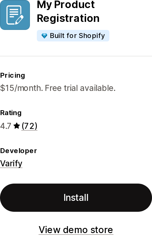 Top of the Shopify App Store listing page for My Product Registration by Varify, showing the Built for Shopify badge