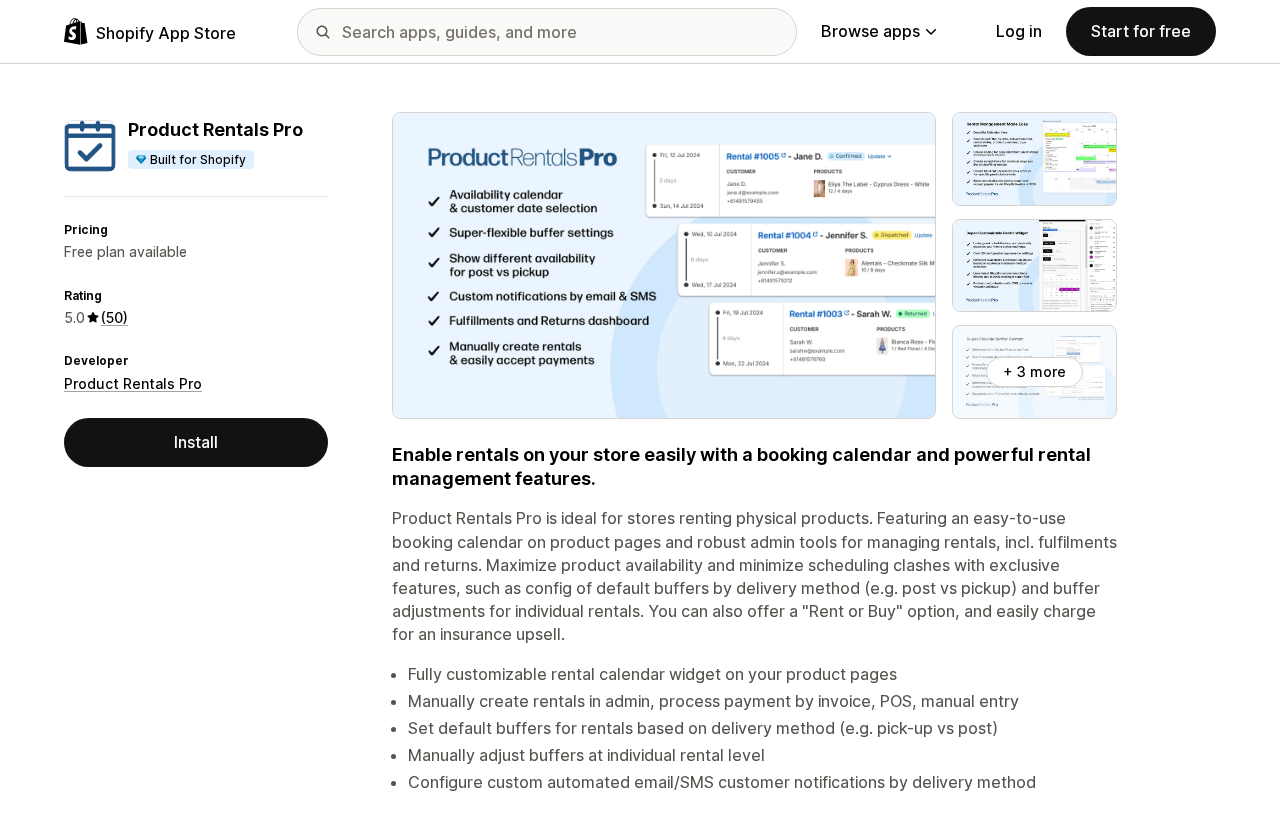 Shopify App Store listing for Product Rentals Pro, showing the Built for Shopify badge, a free plan, and a 5.0 rating from 50 reviews