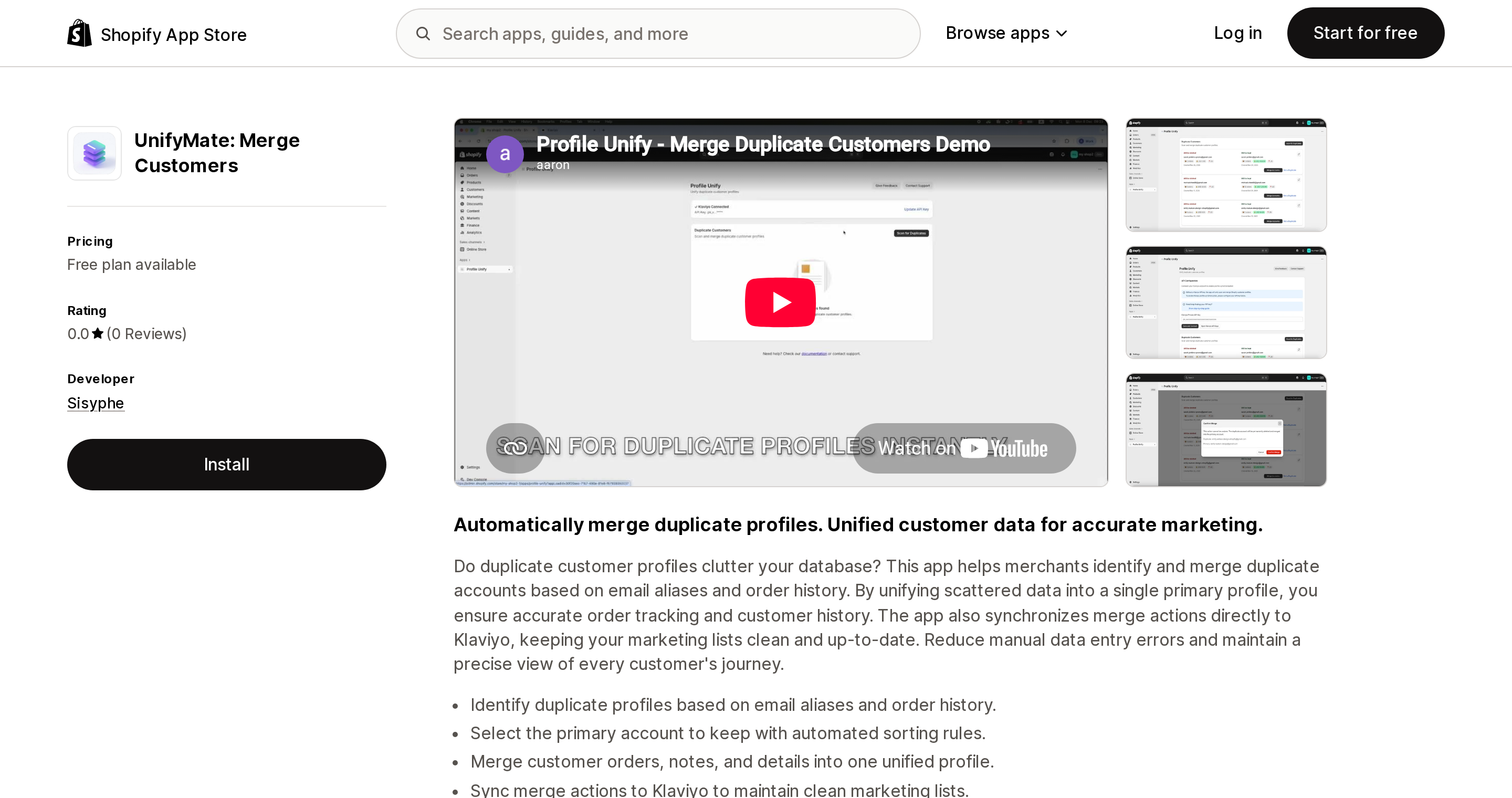 Top of the Shopify App Store listing page for UnifyMate: Merge Customers, showing its rating and Klaviyo sync feature