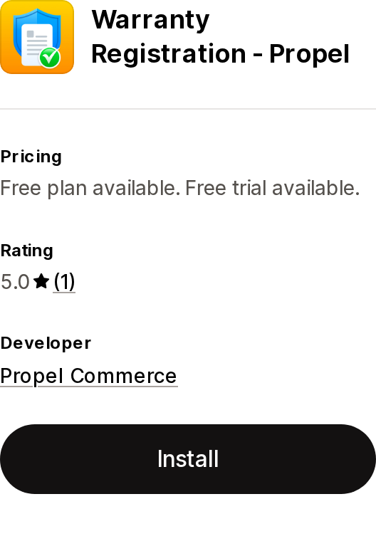 Top of the Shopify App Store listing page for Warranty Registration ‑ Propel by Propel Commerce
