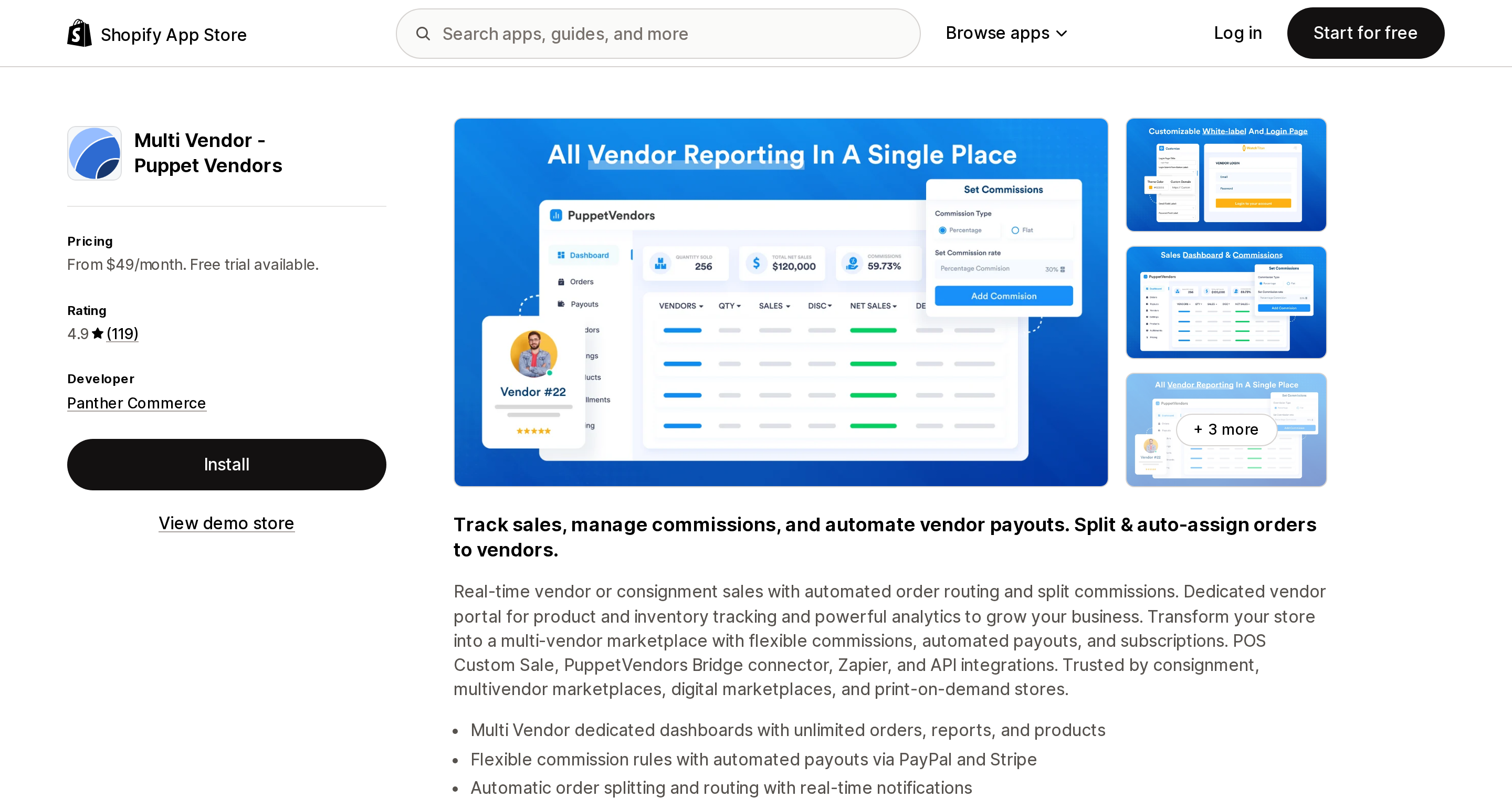 Top of the Shopify App Store listing page for Multi Vendor - Puppet Vendors