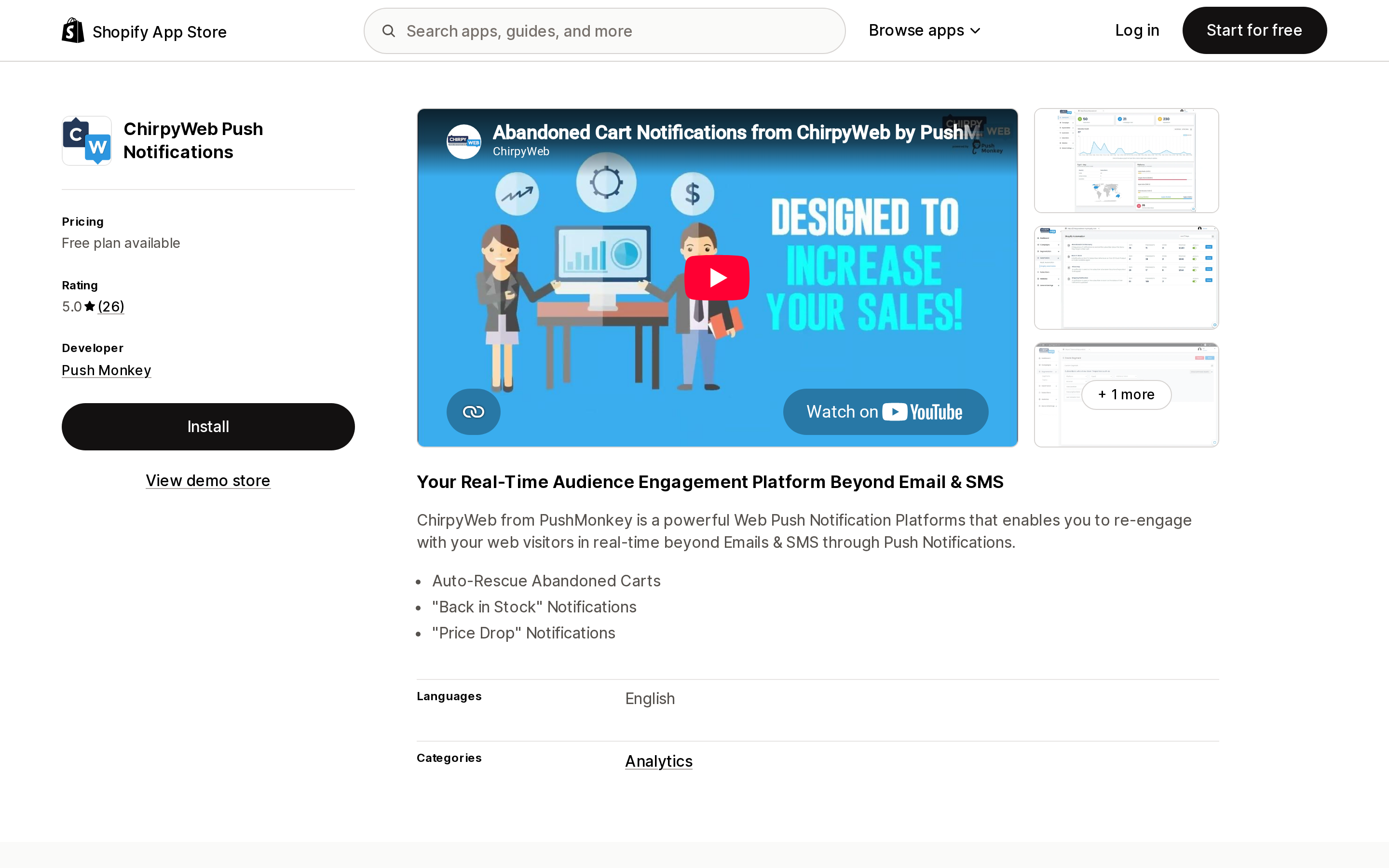 Top of the Shopify App Store listing page for ChirpyWeb Push Notifications, developed by Push Monkey