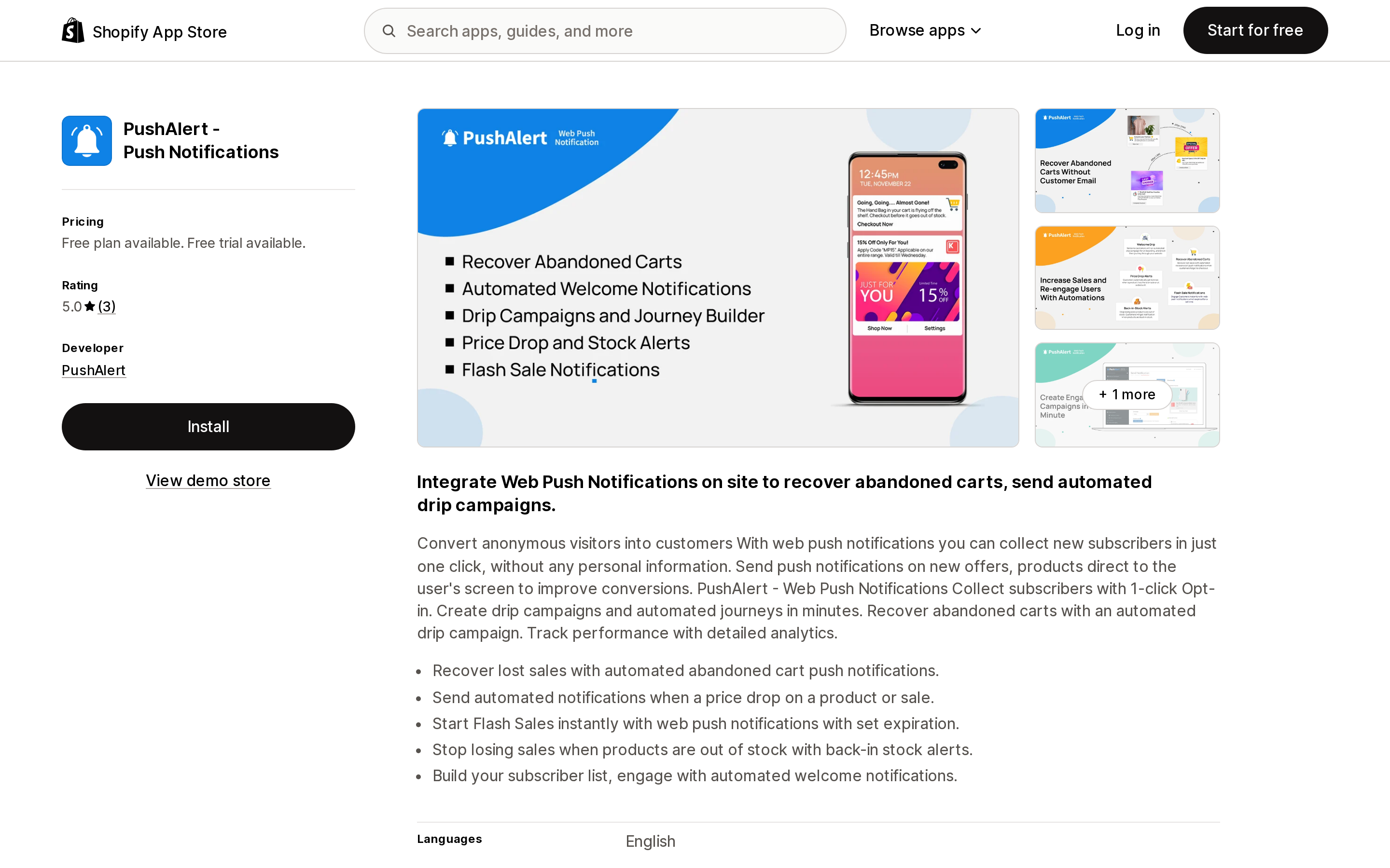 Top of the Shopify App Store listing page for PushAlert ‑ Push Notifications