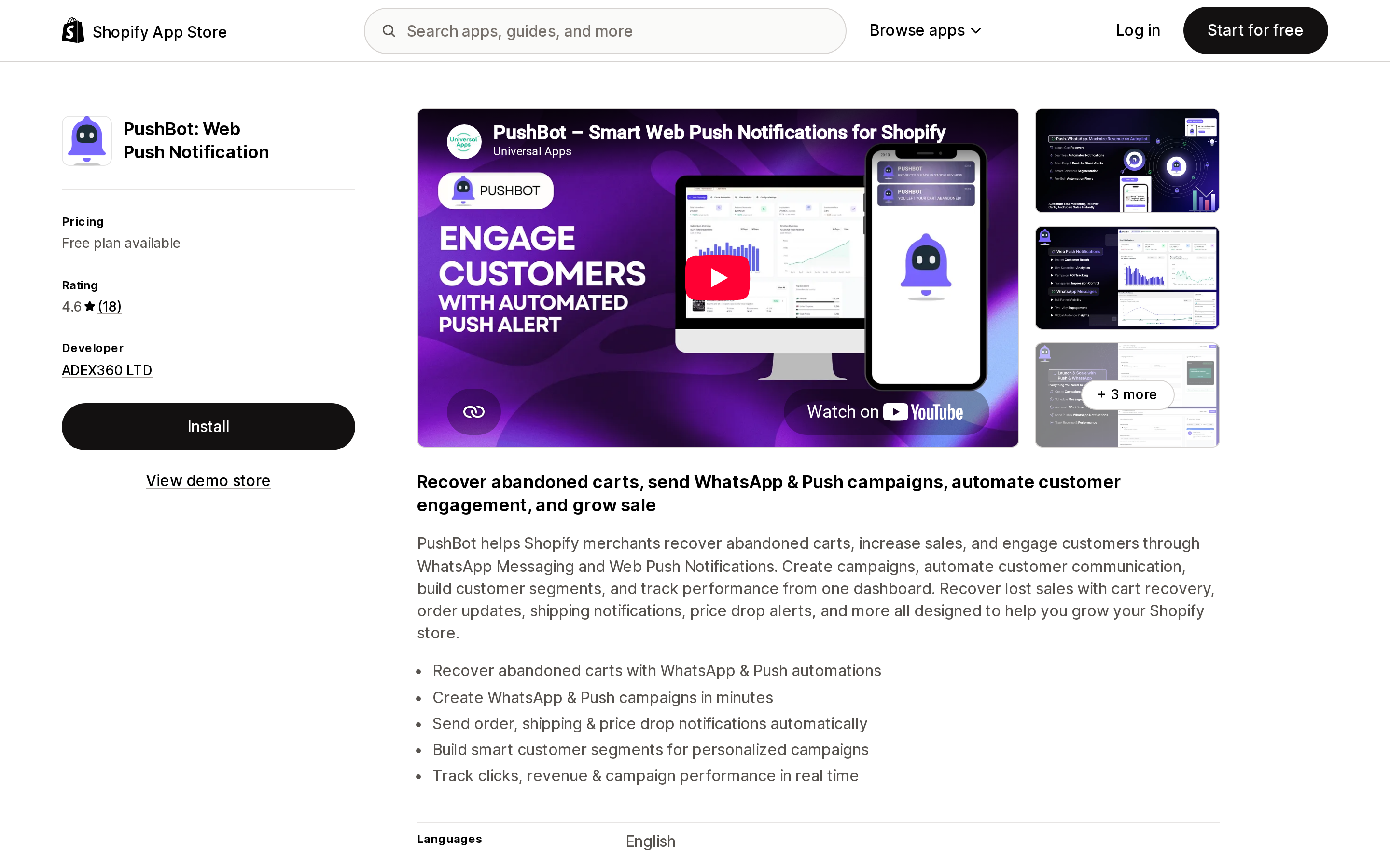 Top of the Shopify App Store listing page for PushBot: Web Push Notification