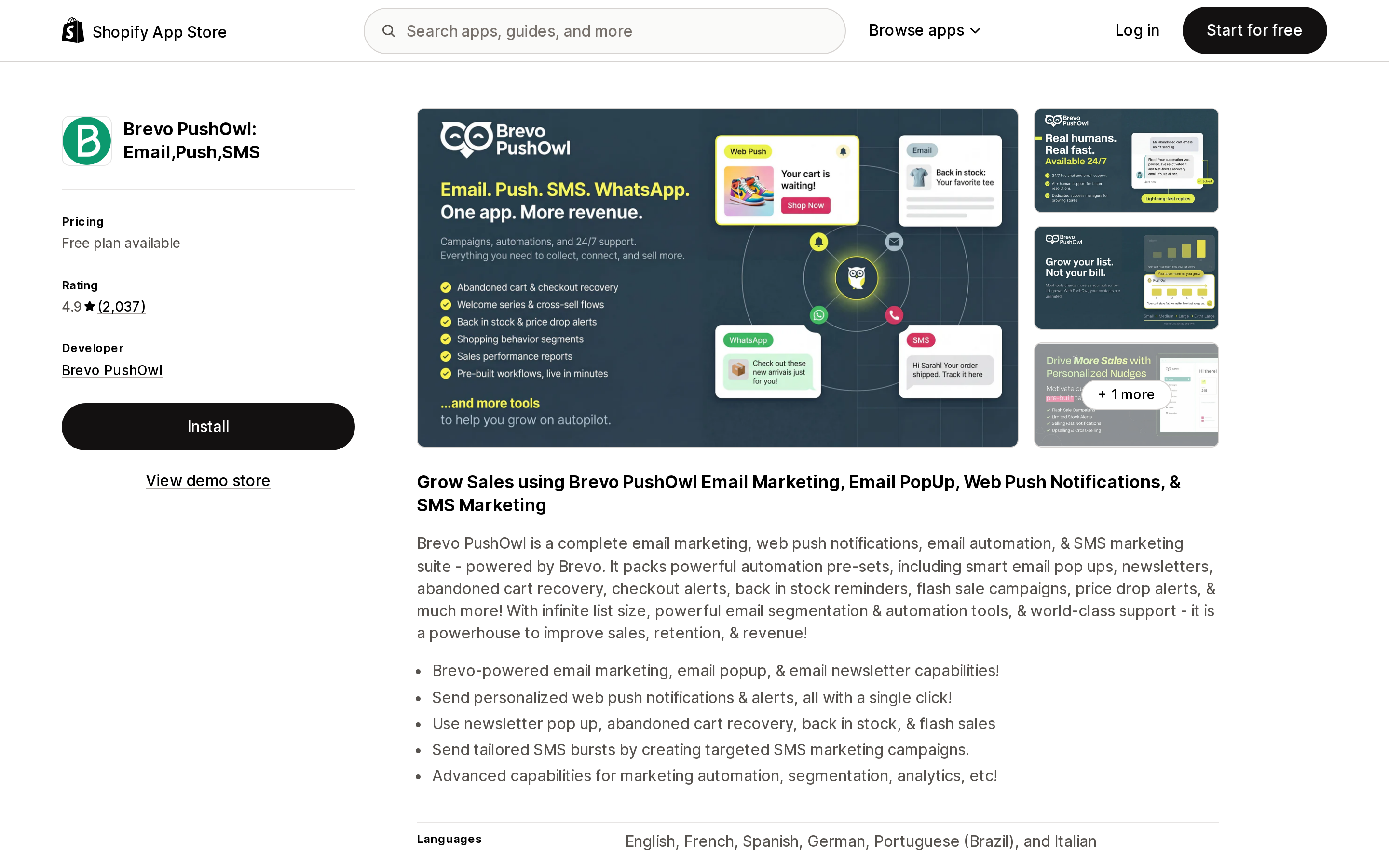 Top of the Shopify App Store listing page for Brevo PushOwl: Email,Push,SMS