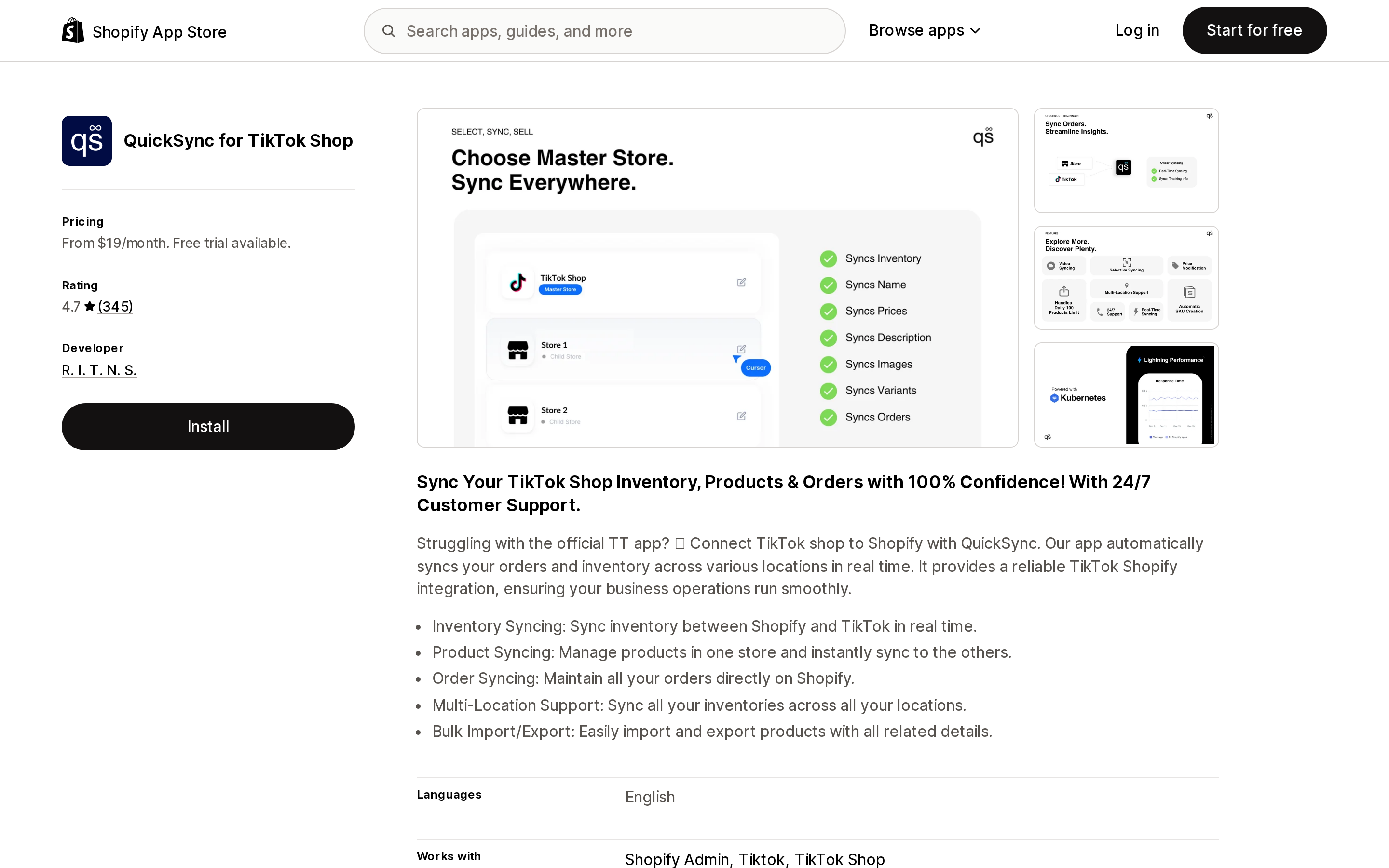 Top of the Shopify App Store listing page for QuickSync for TikTok Shop