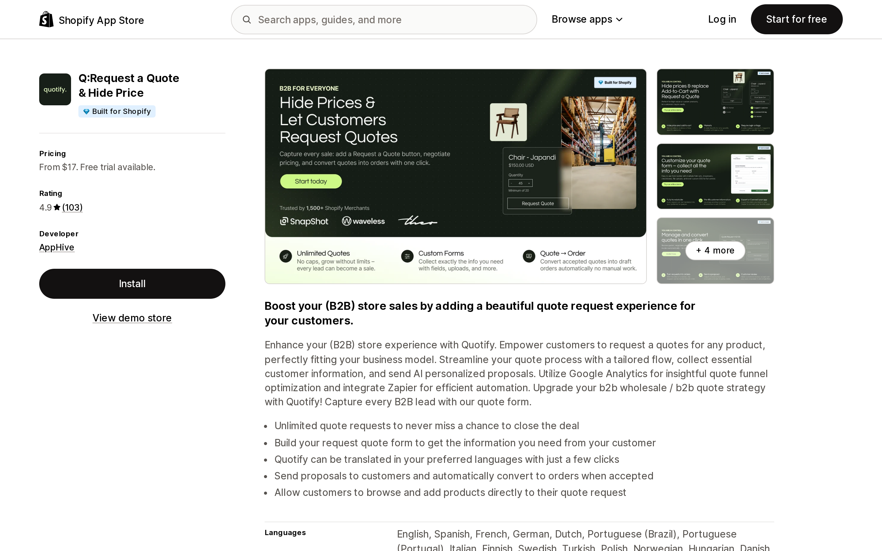 Top of the Shopify App Store listing page for Q a Quote & Hide Price by AppHive