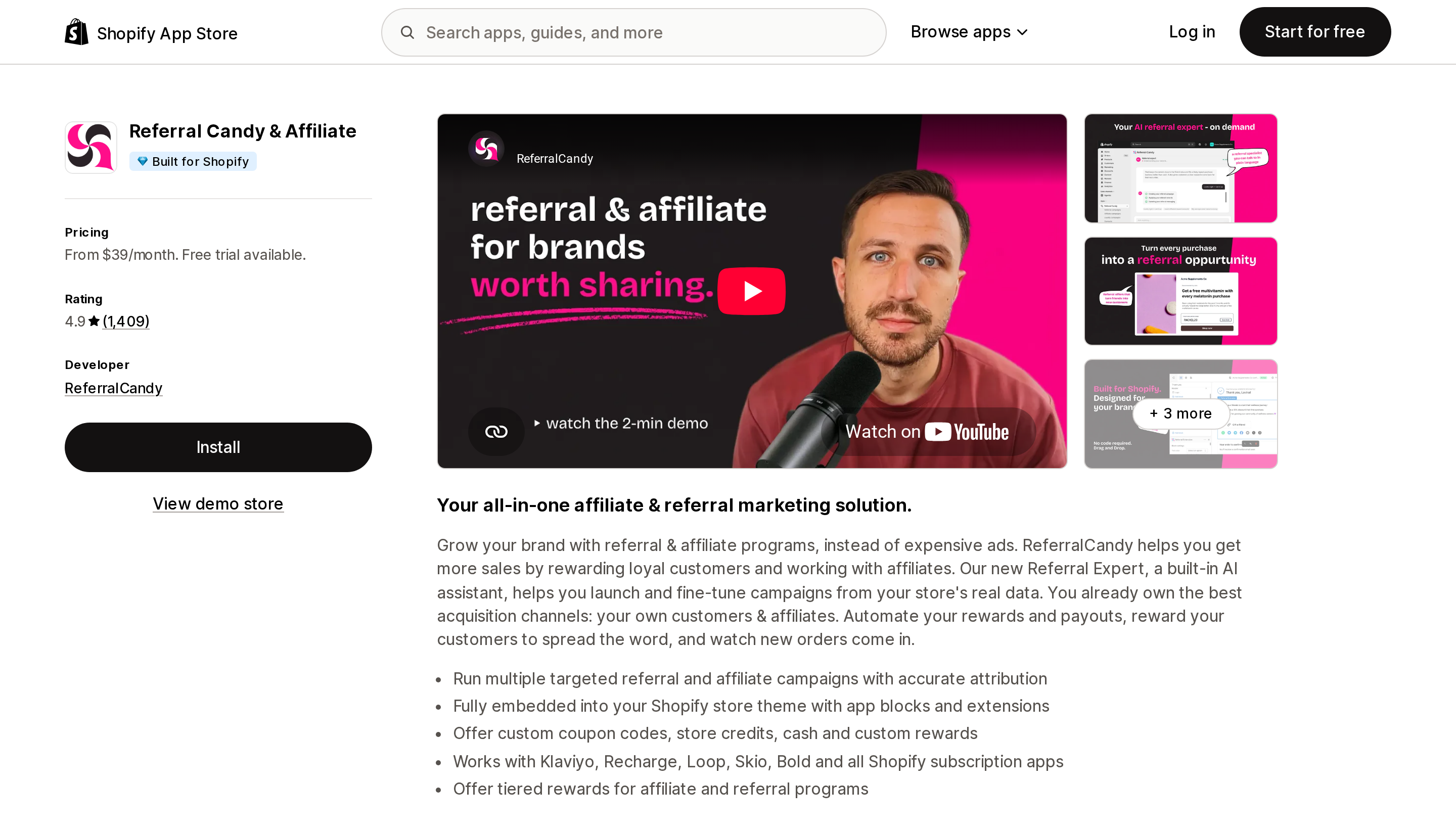 Top of the Shopify App Store listing page for Referral Candy & Affiliate