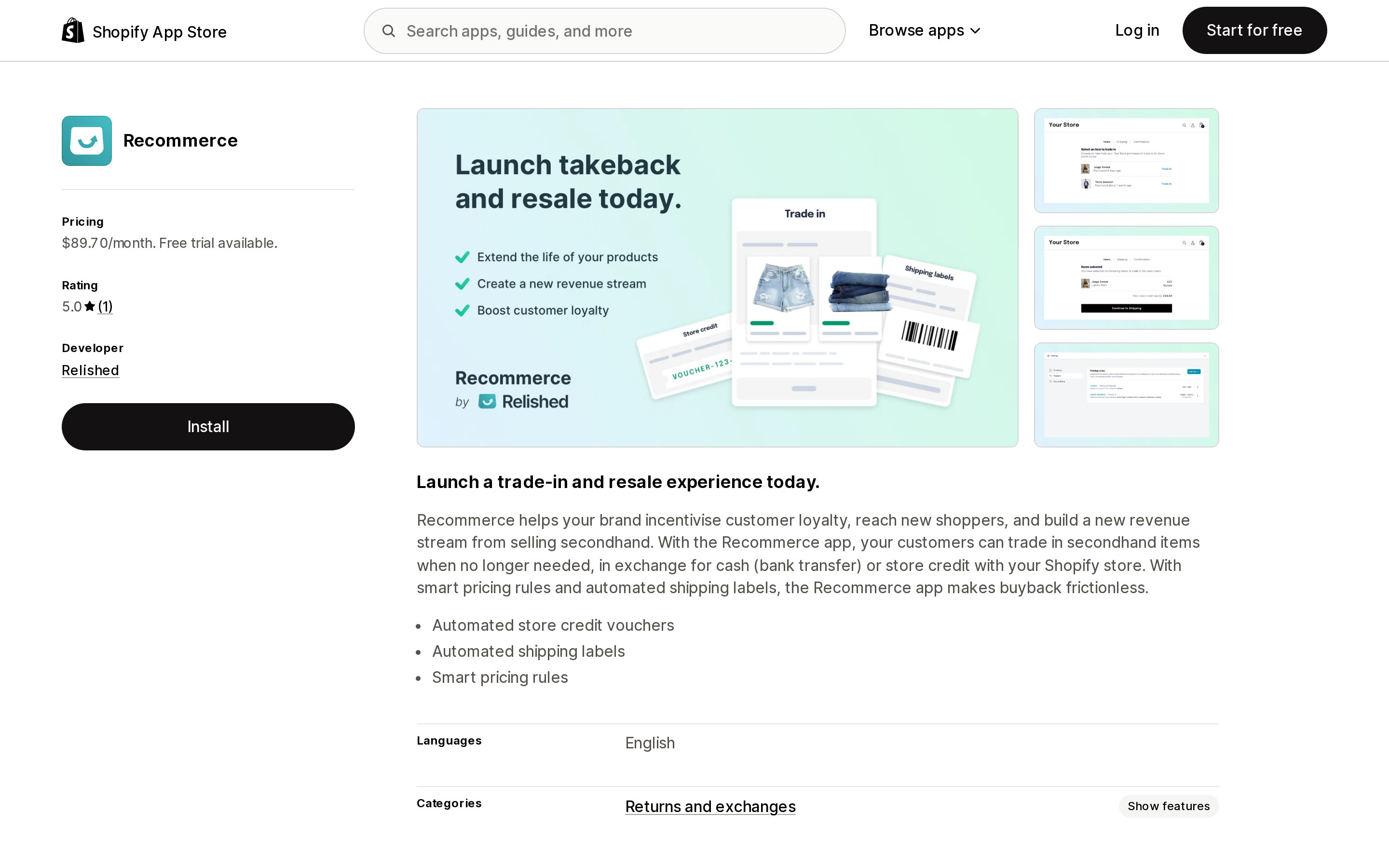 Top of the Shopify App Store listing page for Recommerce