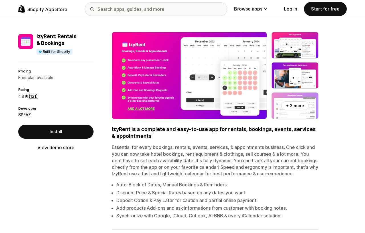 Shopify App Store listing for IzyRent: Rentals and Bookings, showing the Built for Shopify badge, a free plan, and a 4.8 rating from 121 reviews