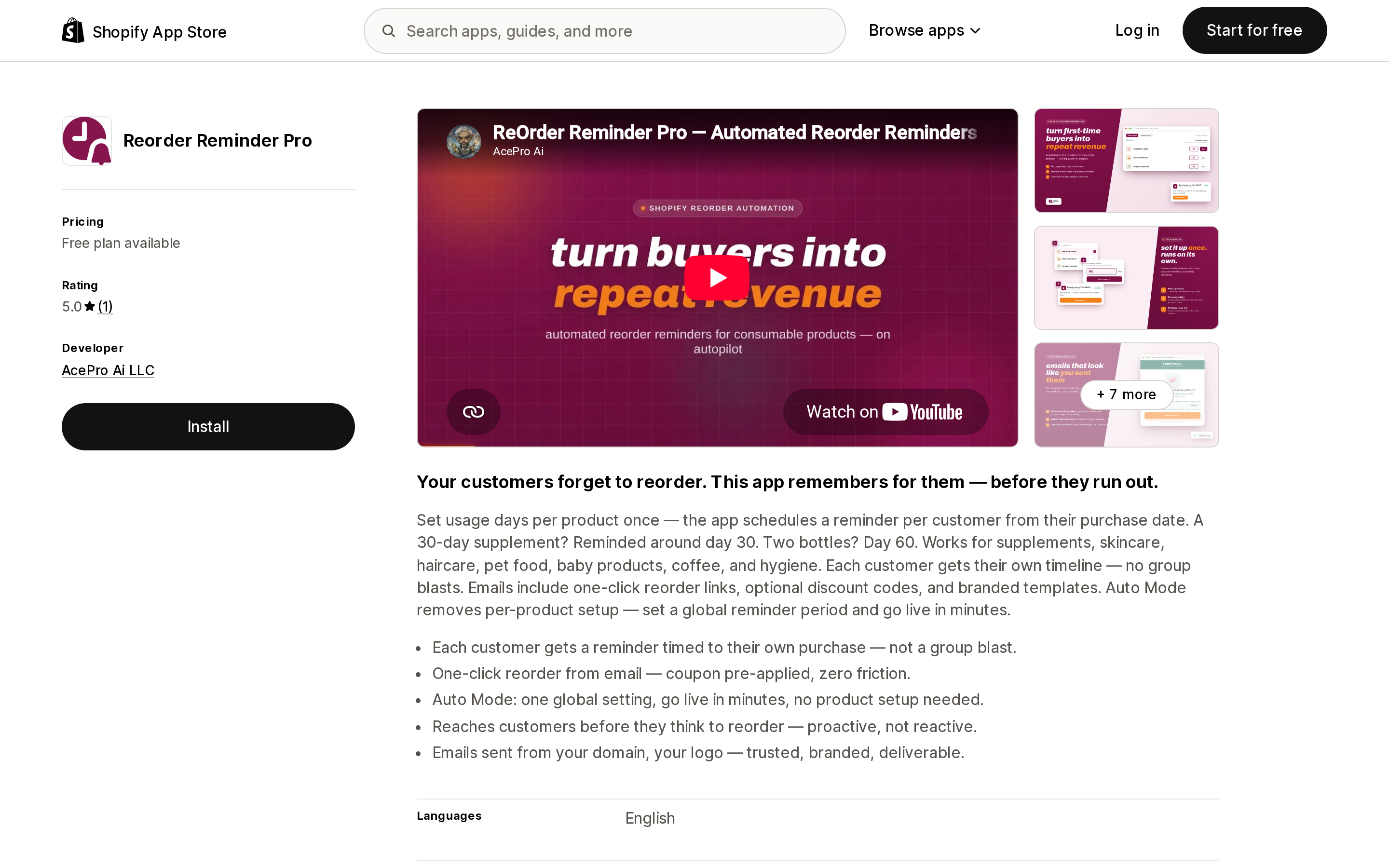 Top of the Shopify App Store listing page for Reorder Reminder Pro