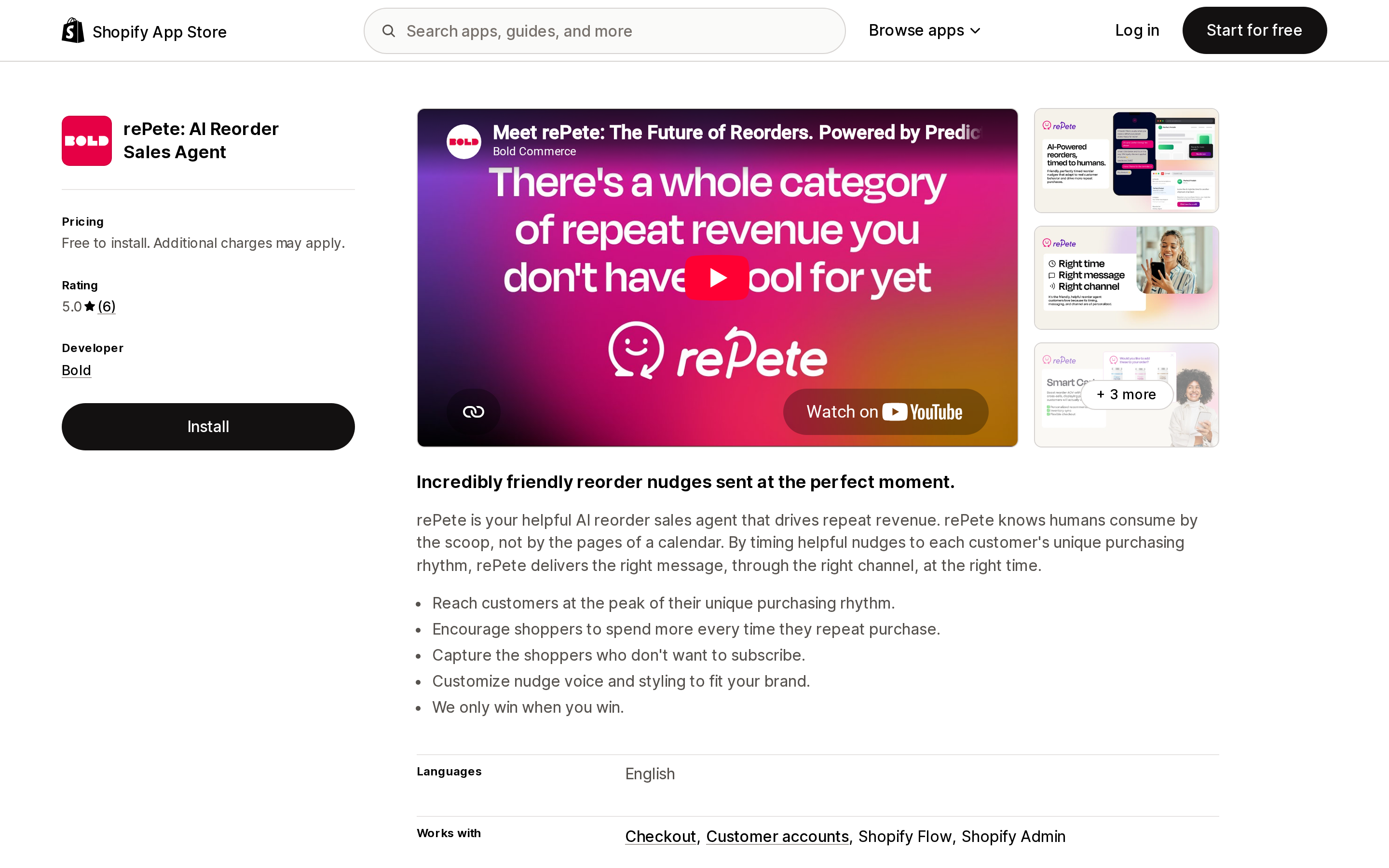 Top of the Shopify App Store listing page for rePete: AI Reorder Sales Agent