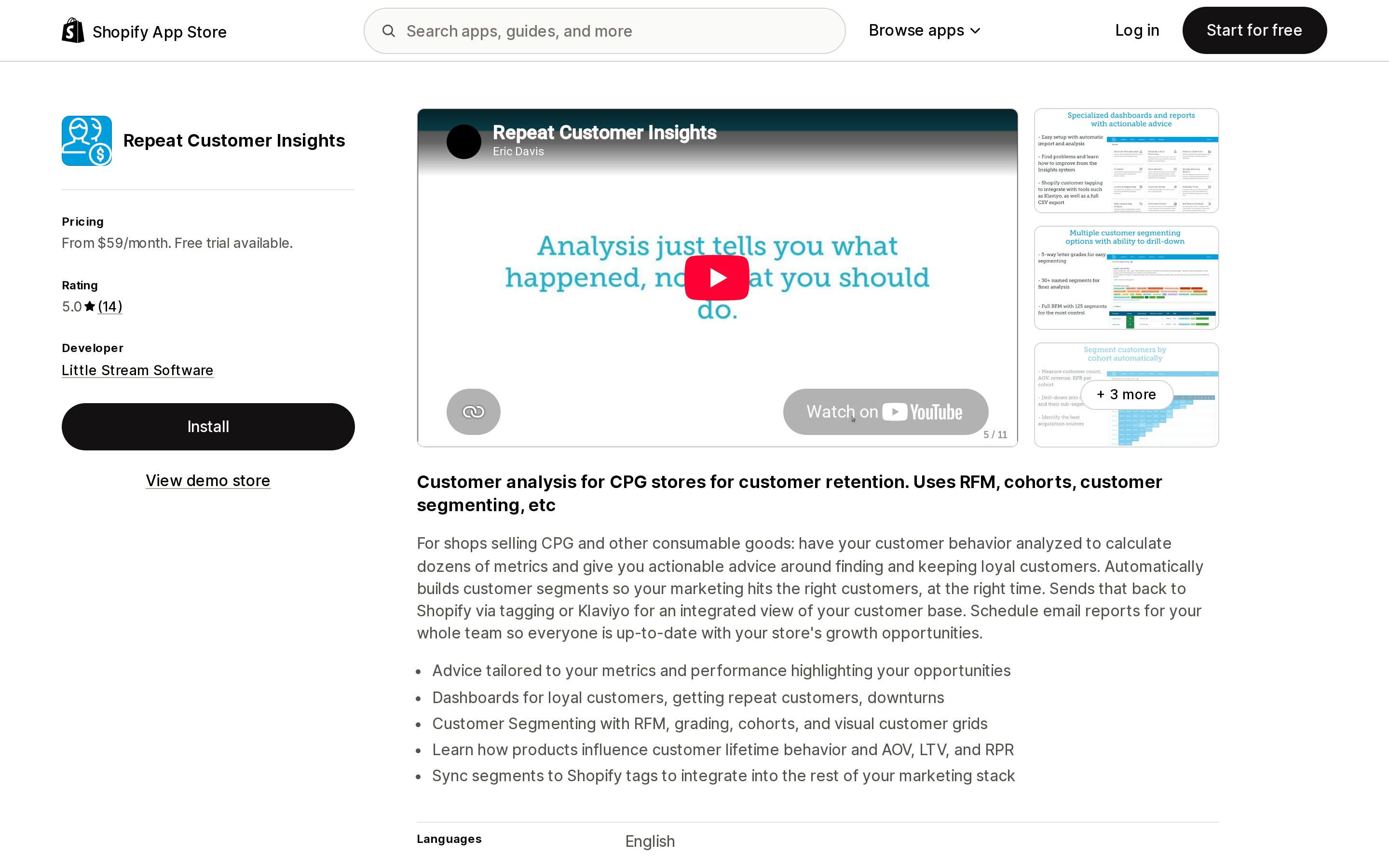 Repeat Customer Insights listing on the English Shopify App Store, showing the 5.0 rating from 14 reviews and the "From $59/month" pricing line