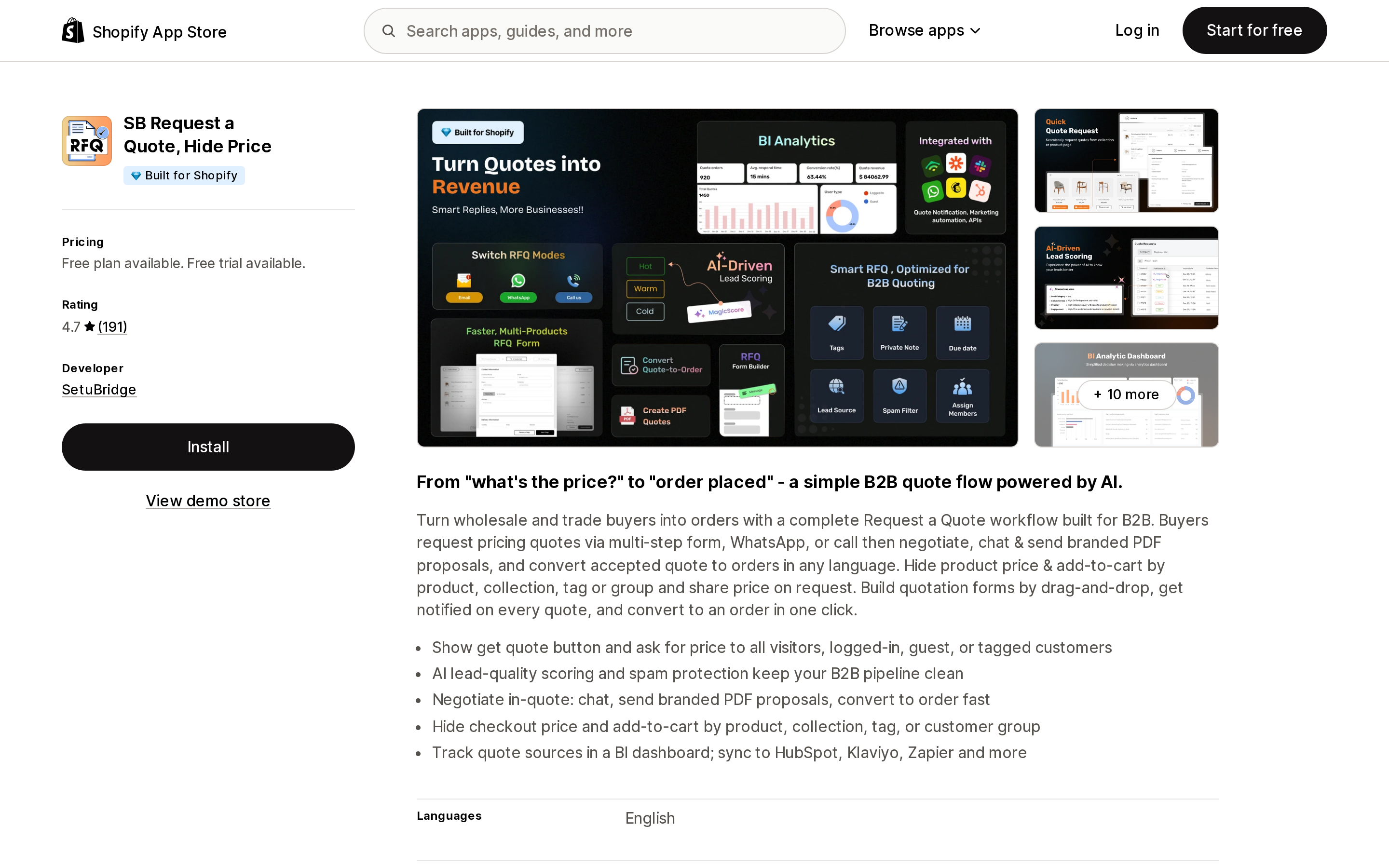 Top of the Shopify App Store listing page for SB Request a Quote, Hide Price by SetuBridge