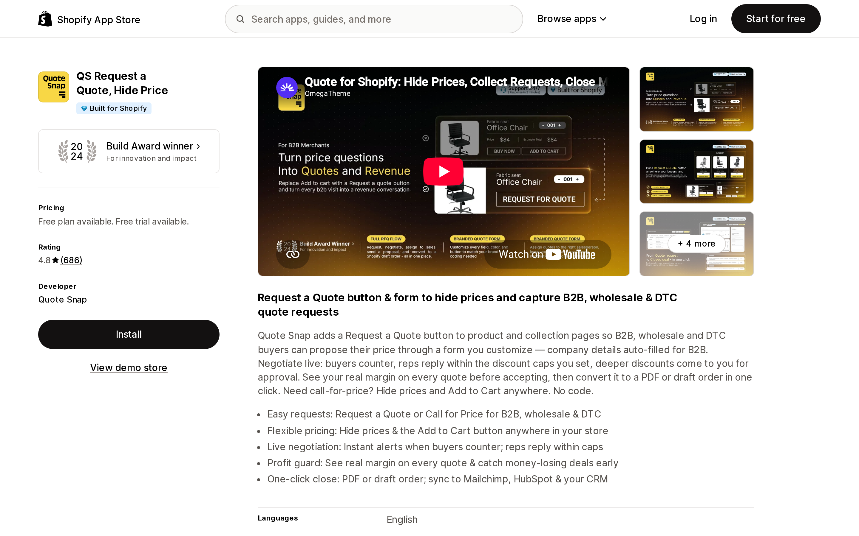 Top of the Shopify App Store listing page for QS Request a Quote, Hide Price by Quote Snap