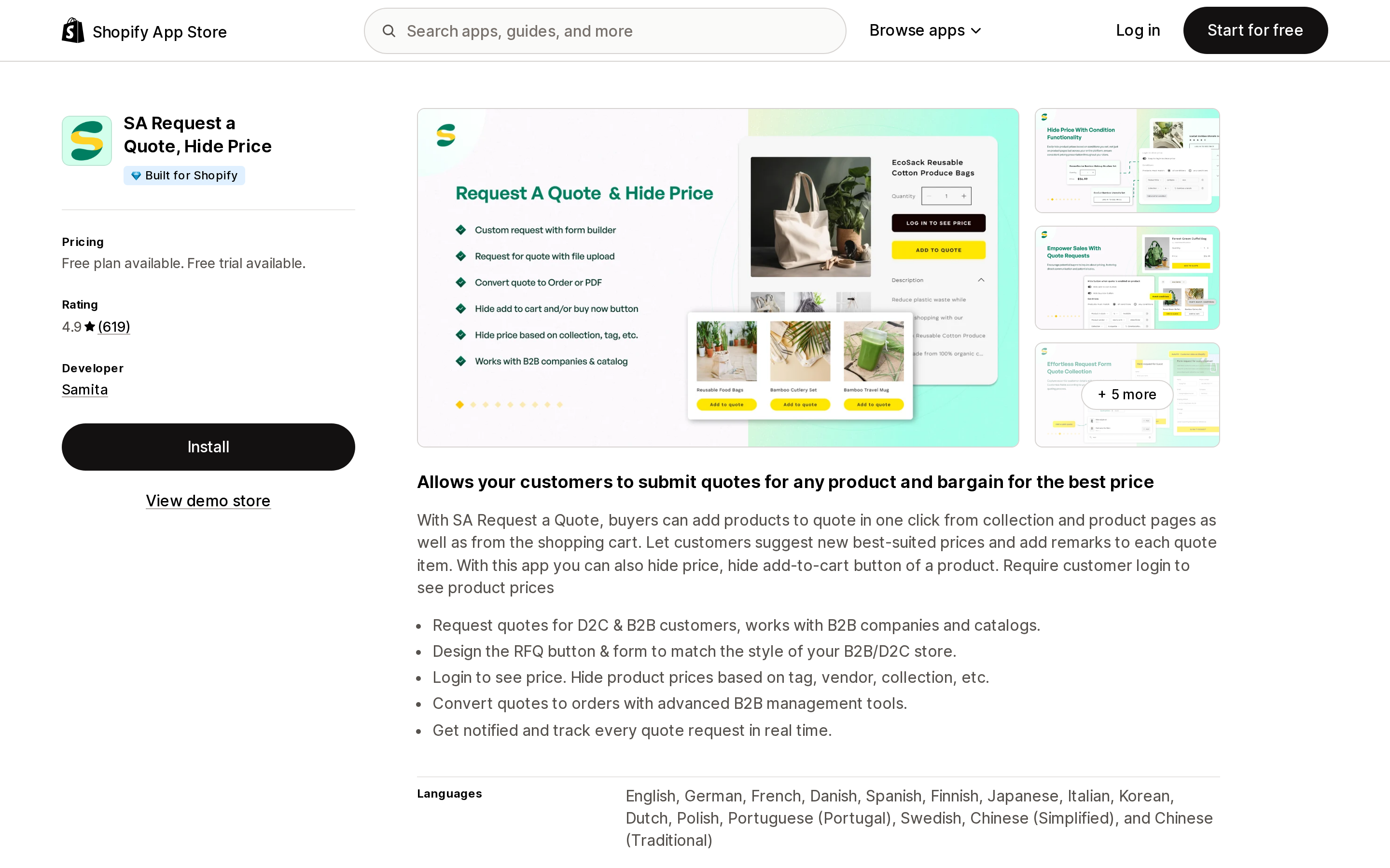 Top of the Shopify App Store listing page for SA Request a Quote, Hide Price by Samita