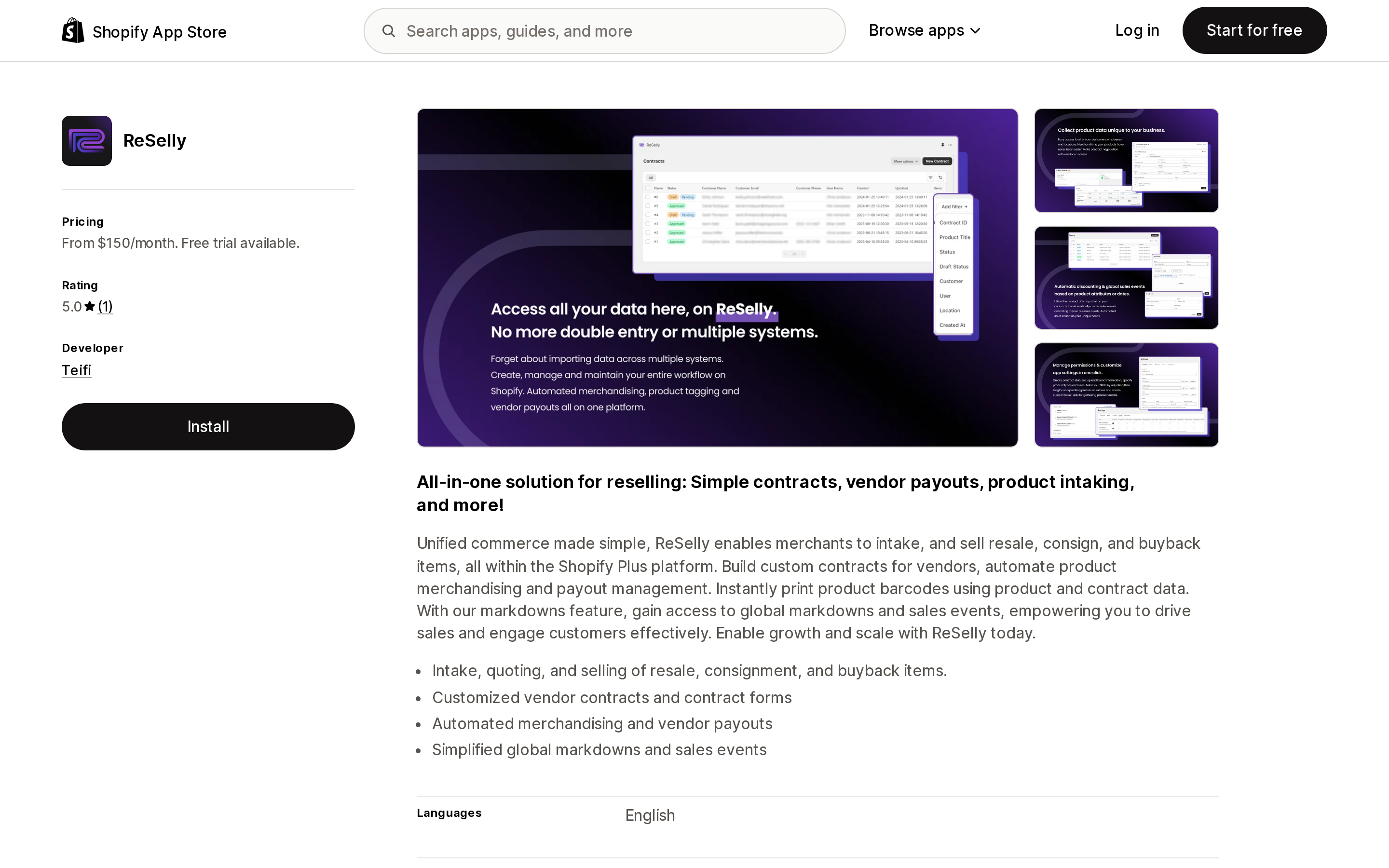Top of the Shopify App Store listing page for ReSelly
