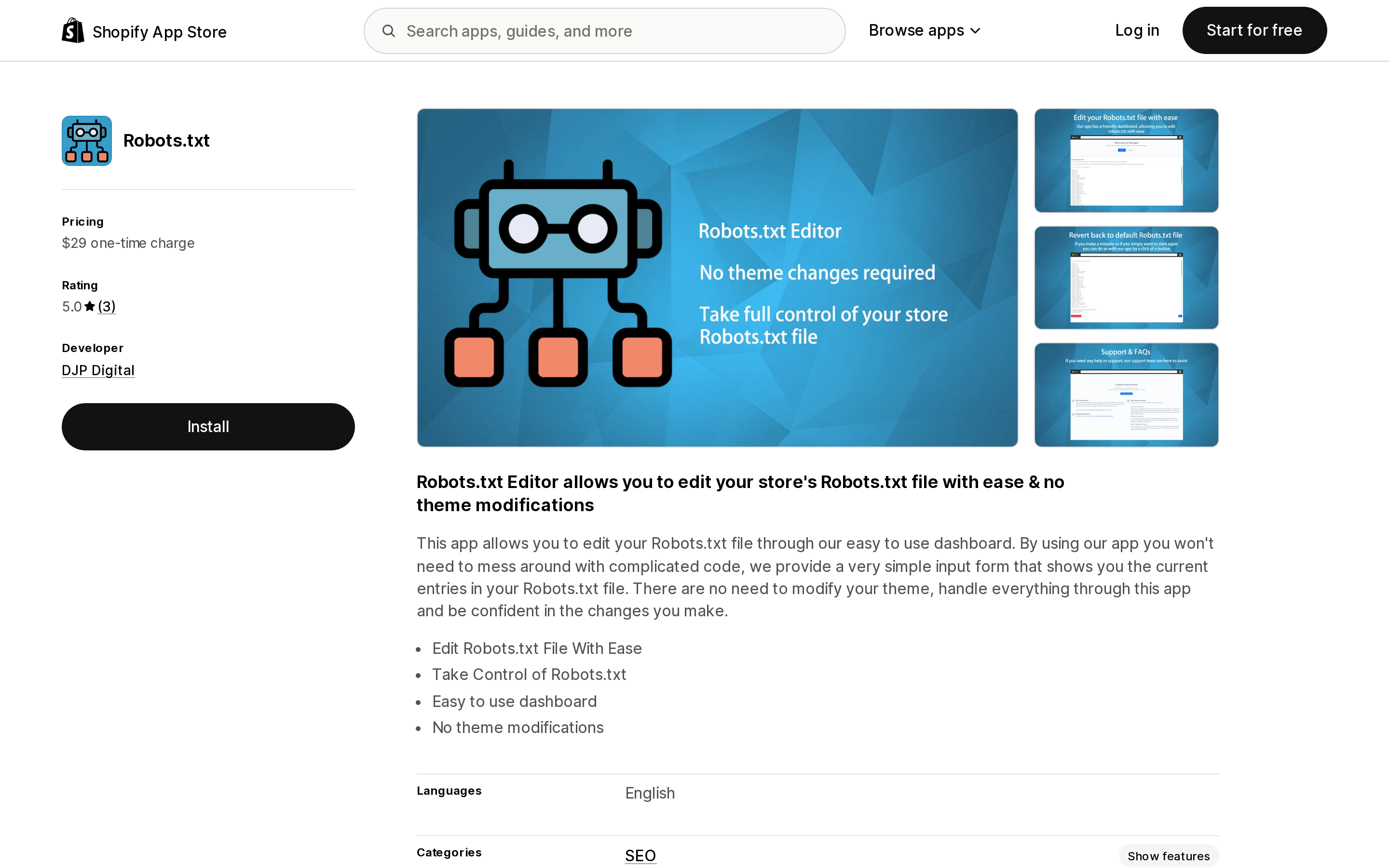 Top of the Shopify App Store listing page for Robots.txt by DJP Digital, priced at $29 one-time