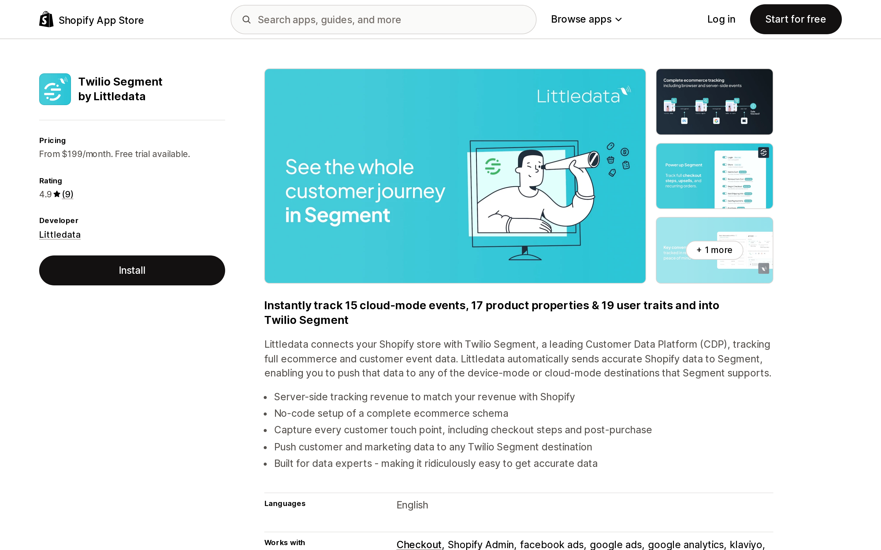 Top of the Shopify App Store listing page for Twilio Segment by Littledata