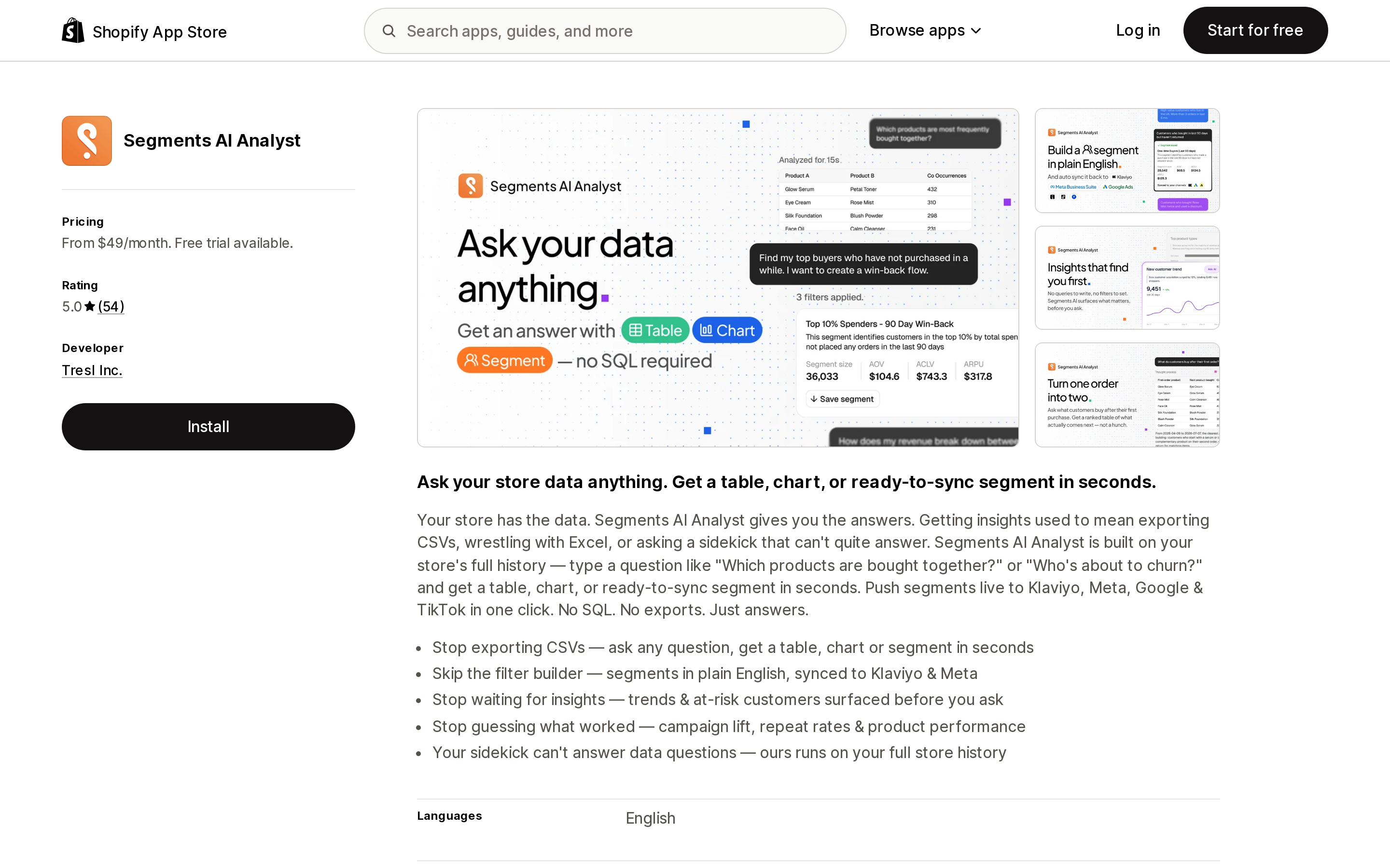 Segments AI Analyst listing on the English Shopify App Store, showing the 5.0 rating from 54 reviews and the "From $49/month" pricing line