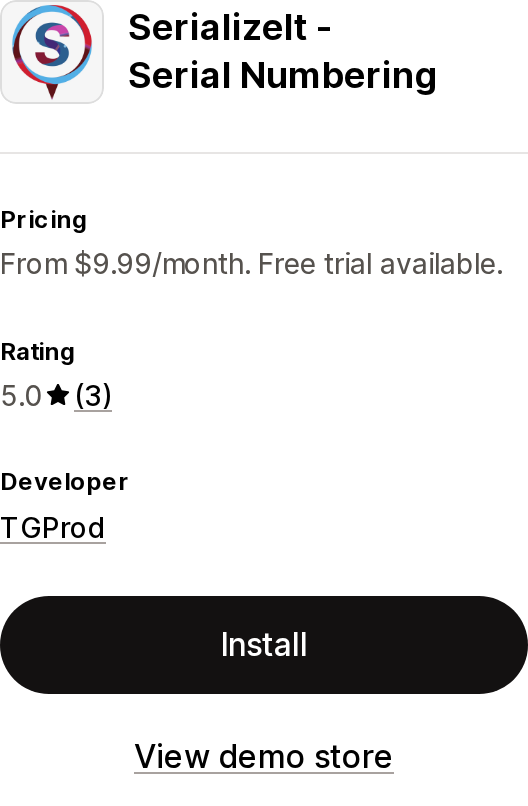 Top of the Shopify App Store listing page for SerializeIt ‑ Serial Numbering by TGProd