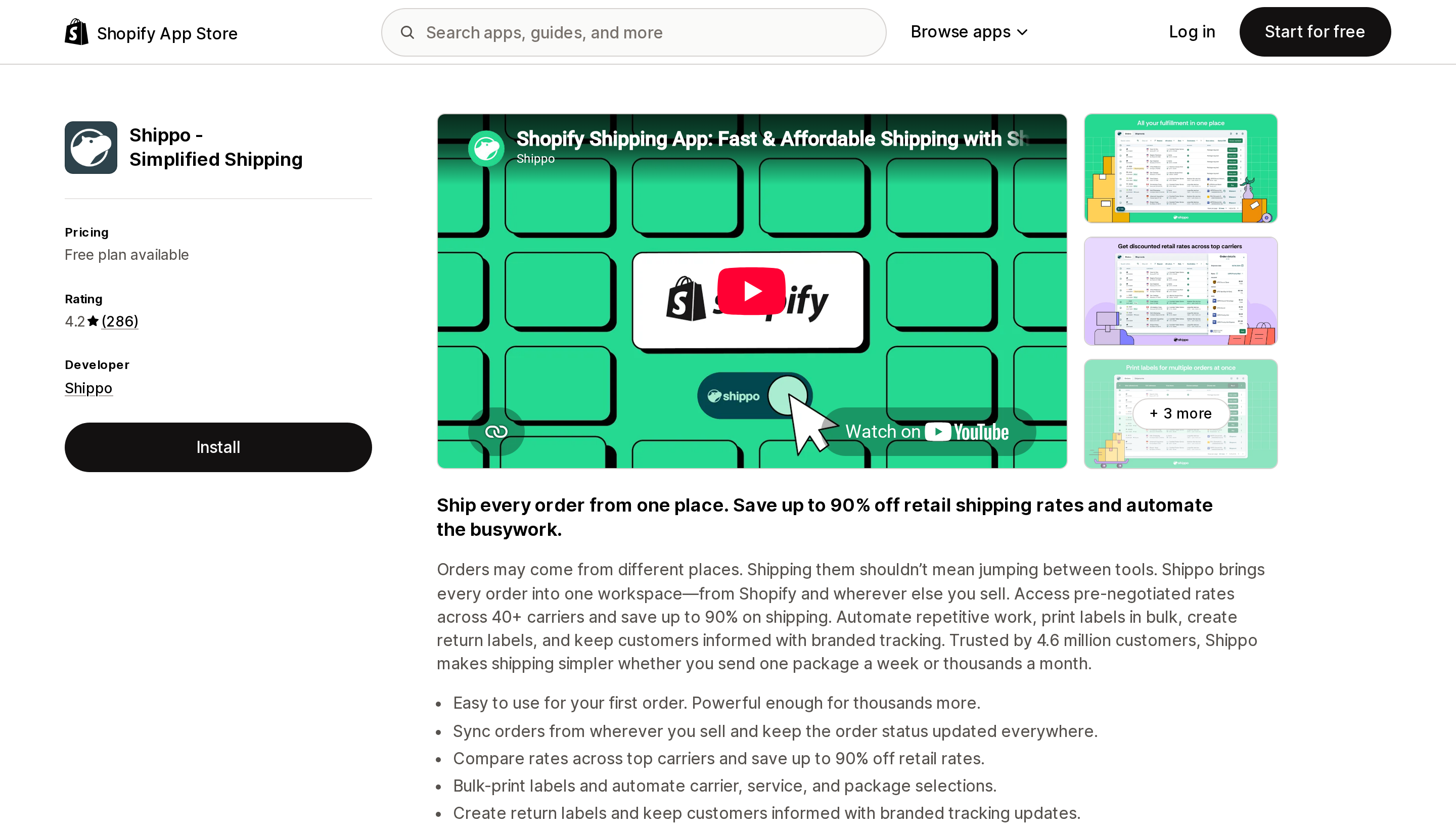Top of the Shopify App Store listing page for Shippo Simplified Shipping