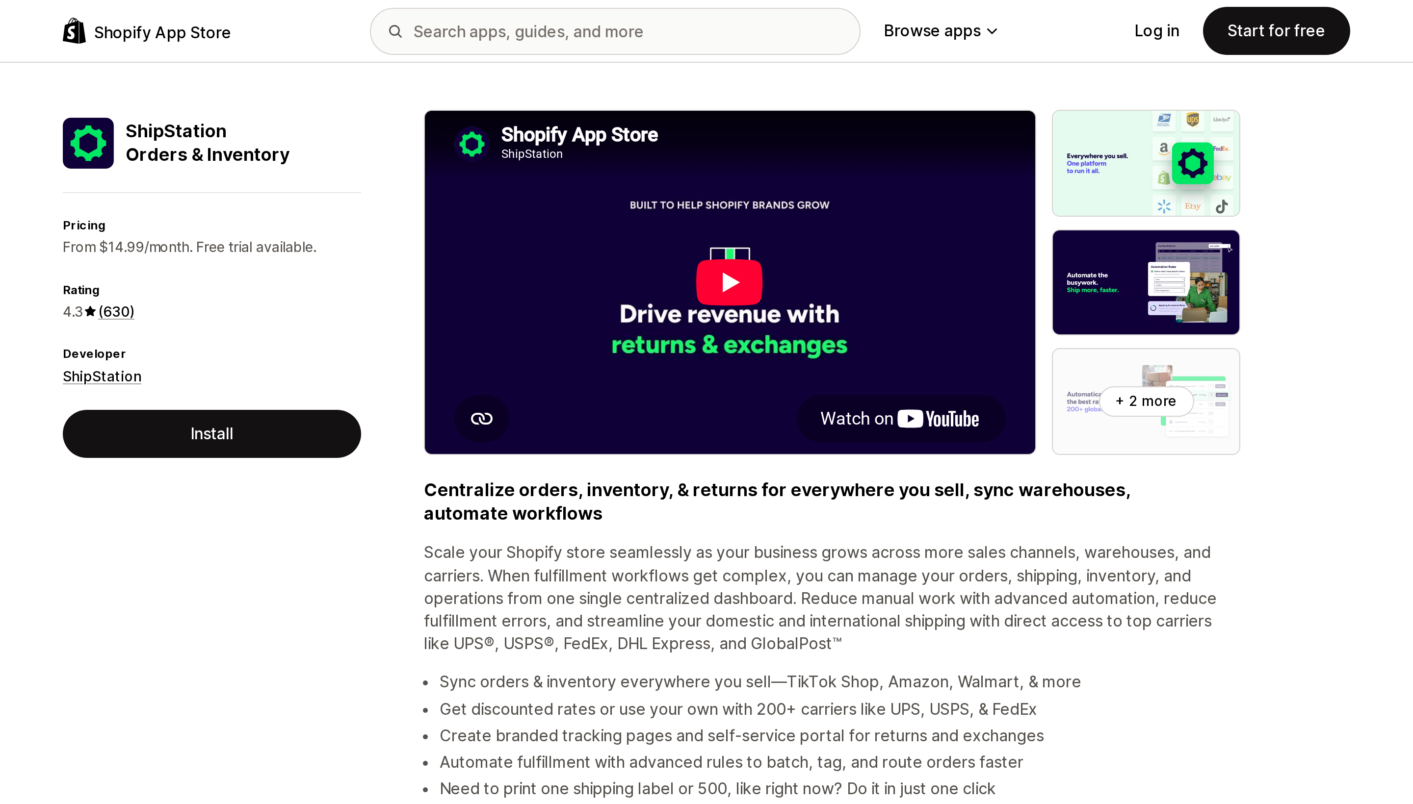 Top of the Shopify App Store listing page for ShipStation Orders and Inventory