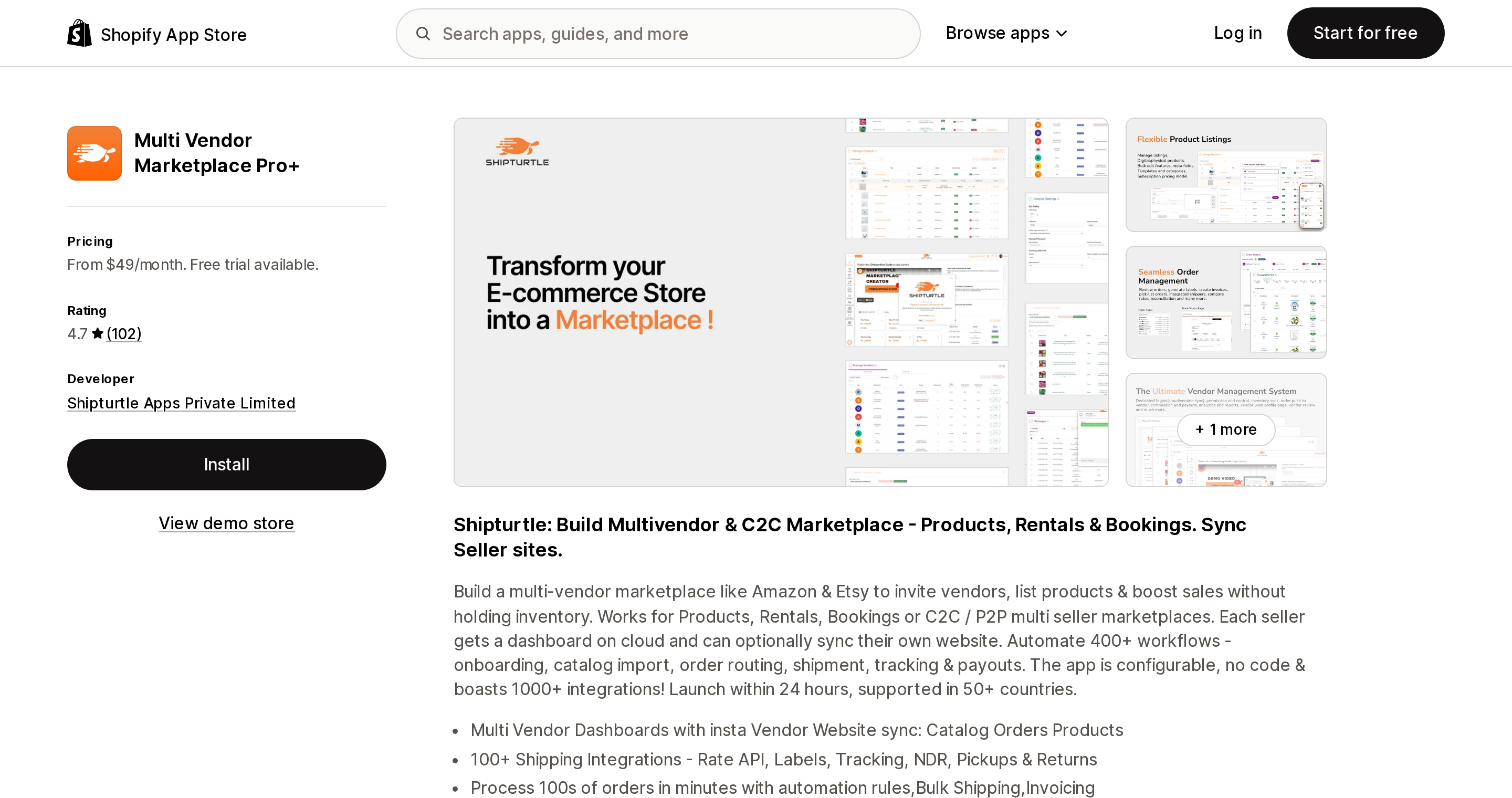 Top of the Shopify App Store listing page for Multi Vendor Marketplace Pro+