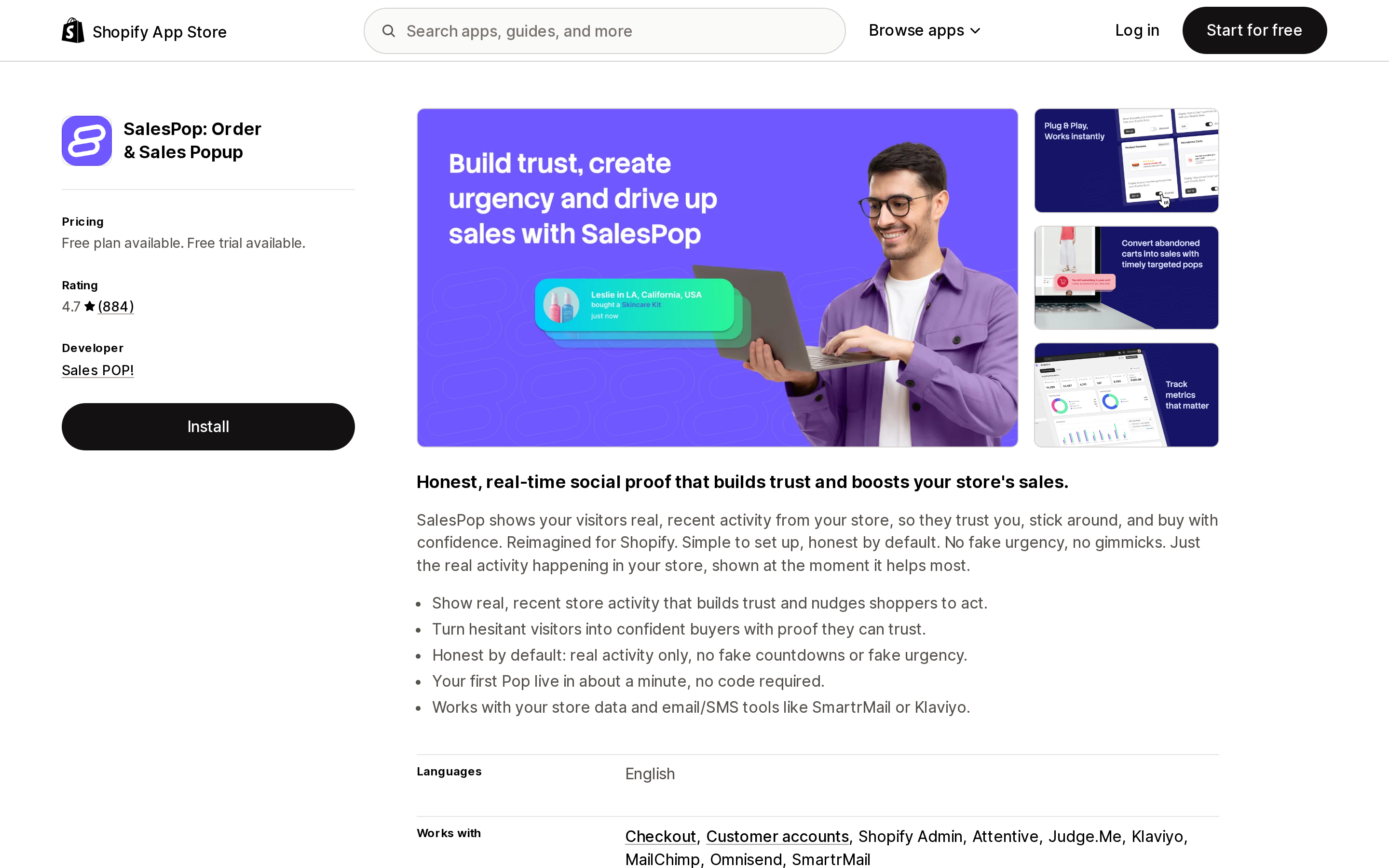 Shopify App Store listing for SalesPop: Order and Sales Popup, showing a 4.7 star rating from 884 reviews and copy promising honest, real activity only with no fake urgency