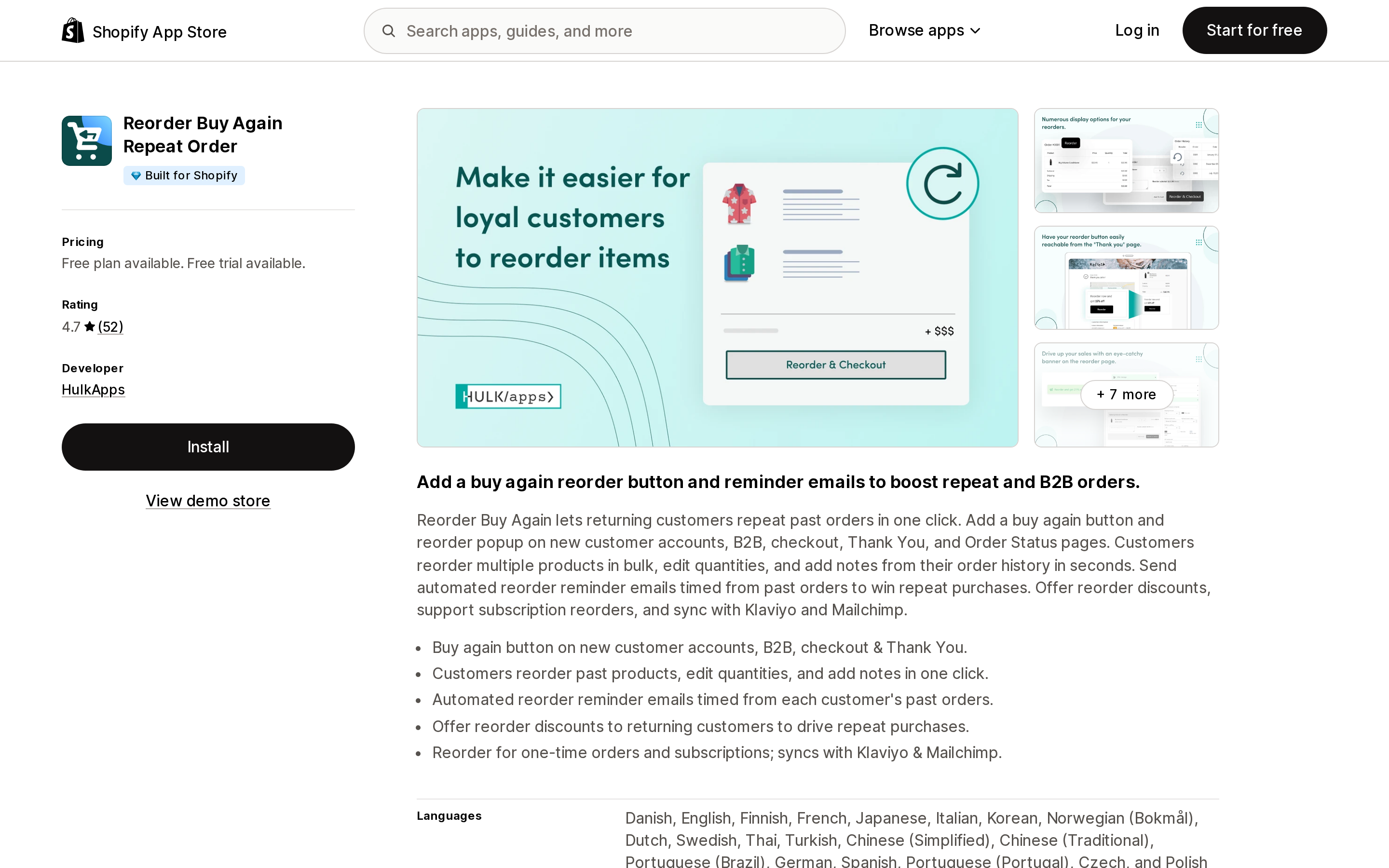 Top of the Shopify App Store listing page for Reorder Buy Again Repeat Order