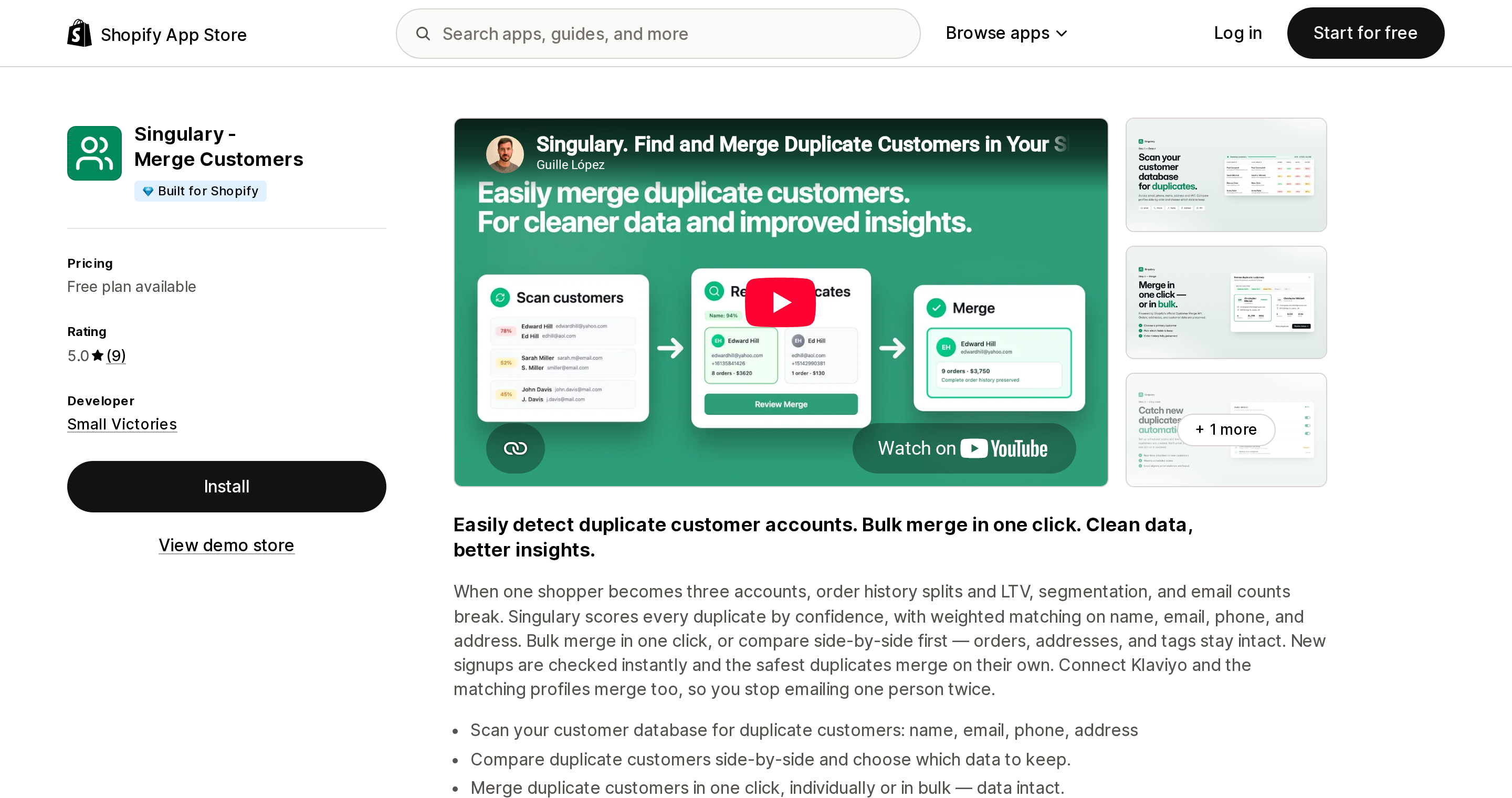 Top of the Shopify App Store listing page for Singulary ‑ Merge Customers, showing its rating and Built for Shopify badge
