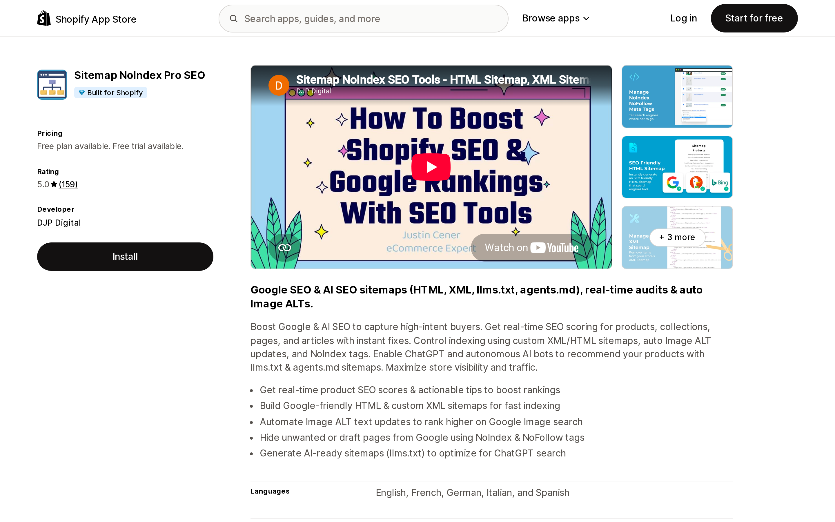 Top of the Shopify App Store listing page for Sitemap NoIndex Pro SEO by DJP Digital