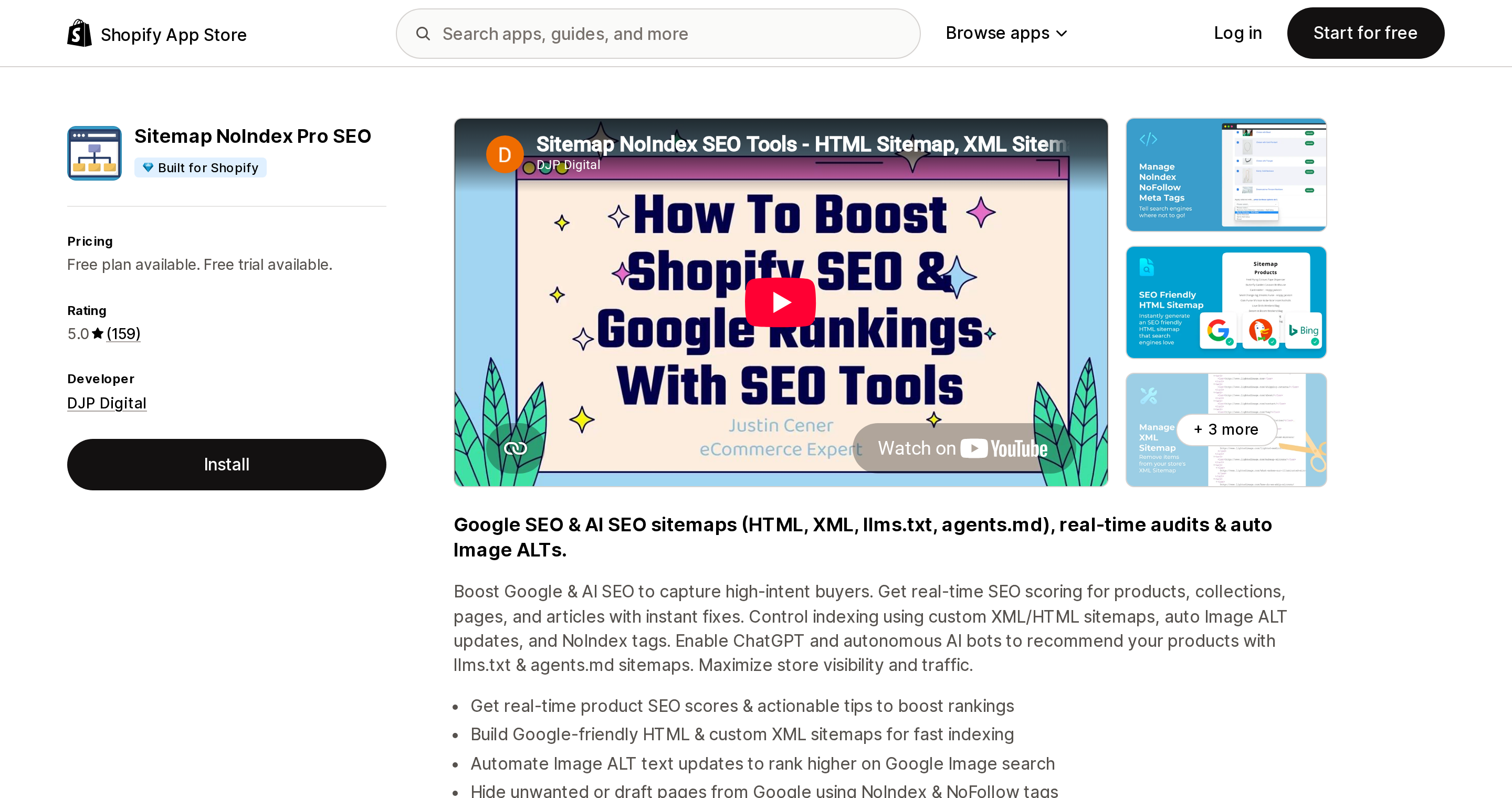 Top of the Shopify App Store listing page for Sitemap NoIndex Pro SEO