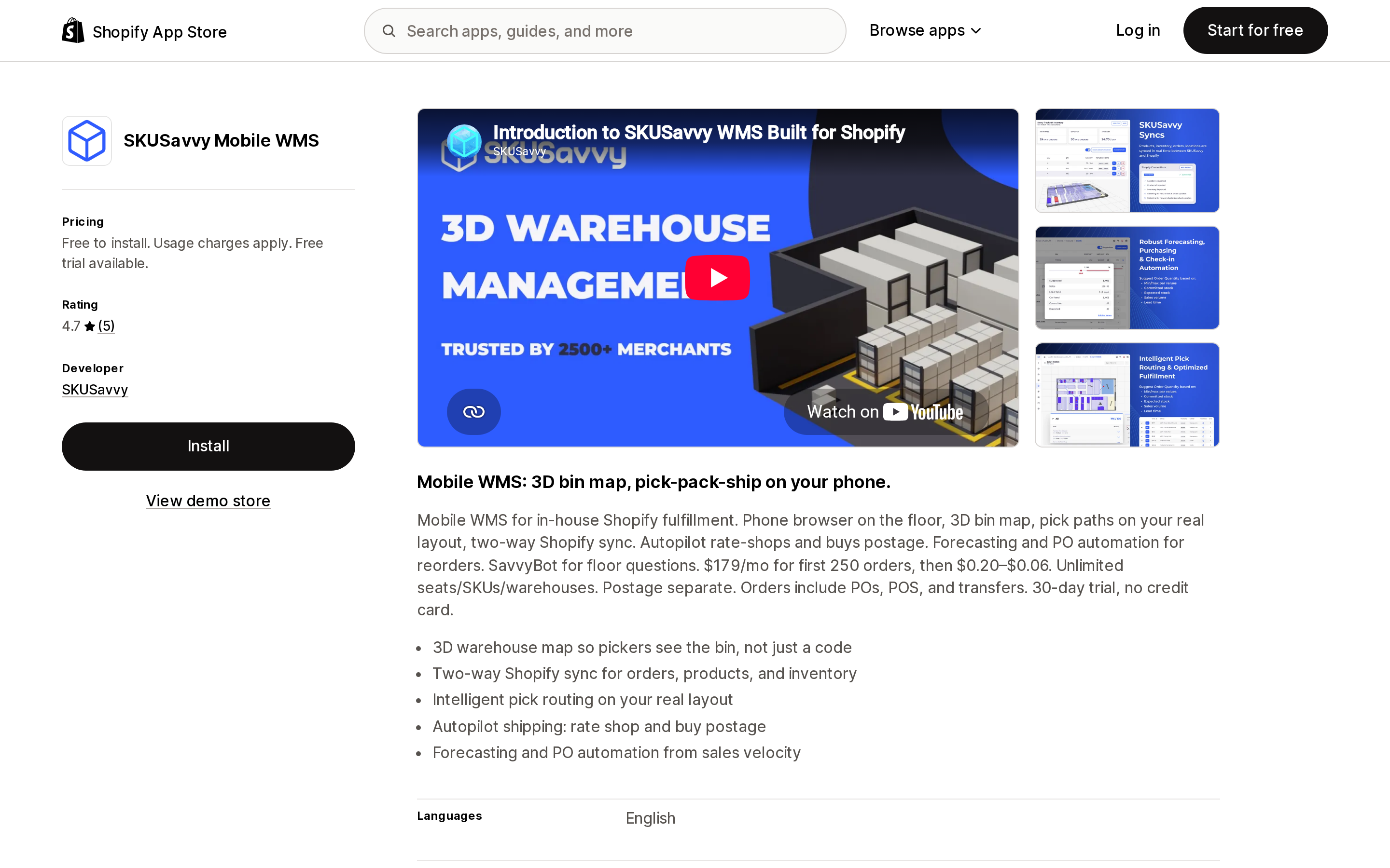 Top of the Shopify App Store listing page for SKUSavvy Mobile WMS