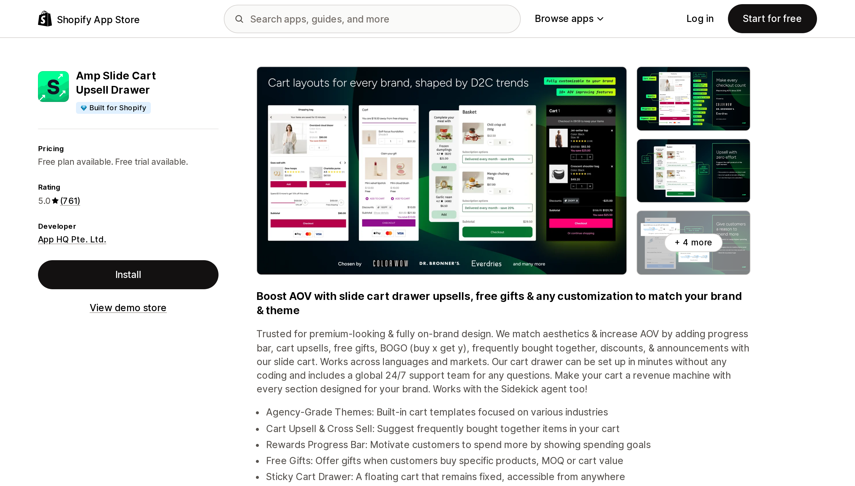 Top of the Shopify App Store listing page for Amp Slide Cart Upsell Drawer