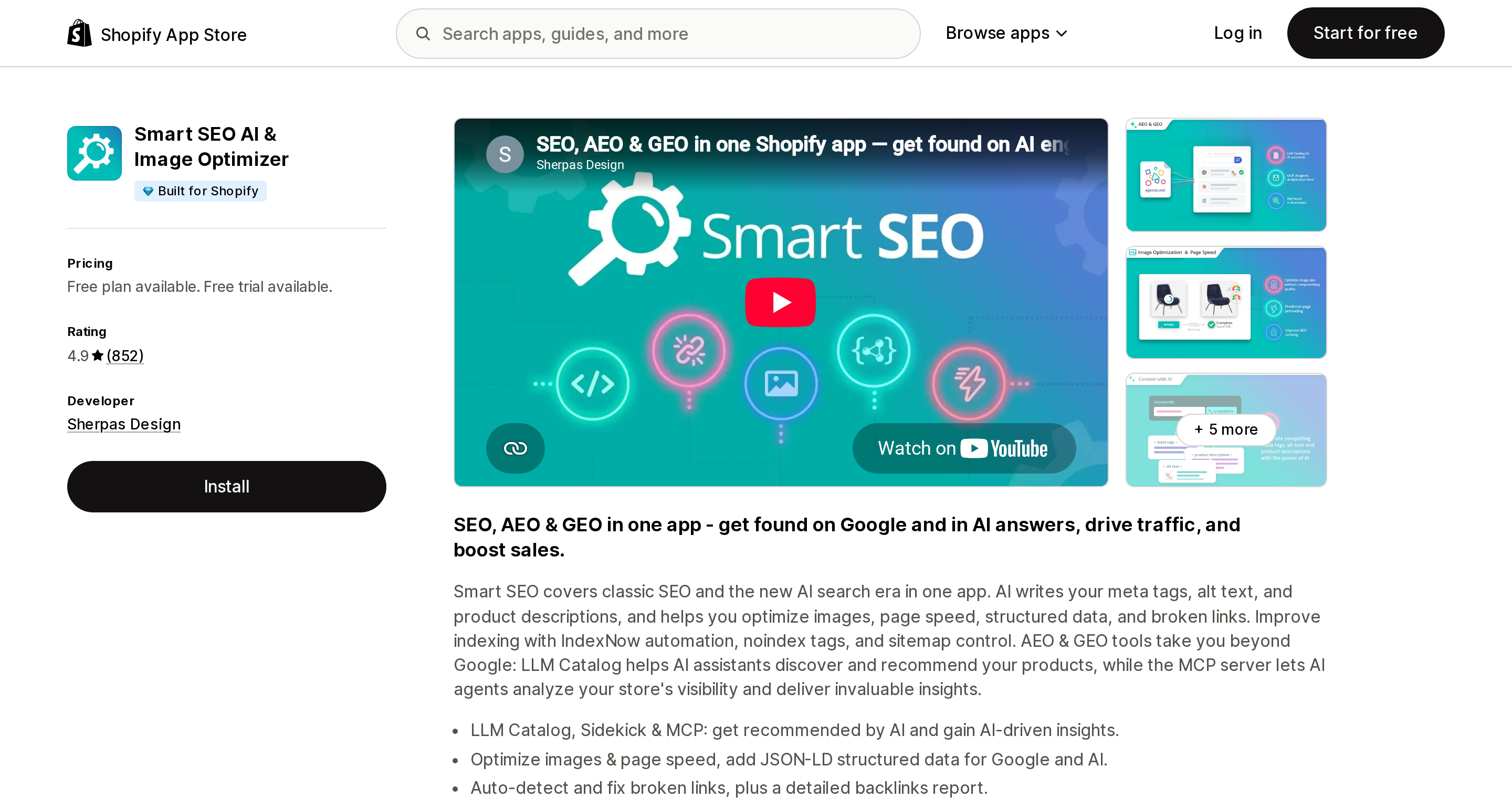 Top of the Shopify App Store listing page for Smart SEO AI & Image Optimizer