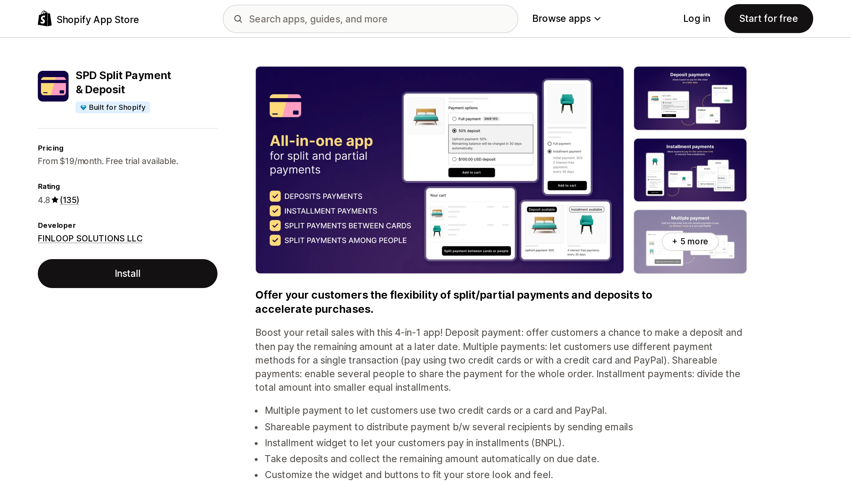 Top of the Shopify App Store listing page for SPD Split Payment & Deposit, showing the Built for Shopify badge