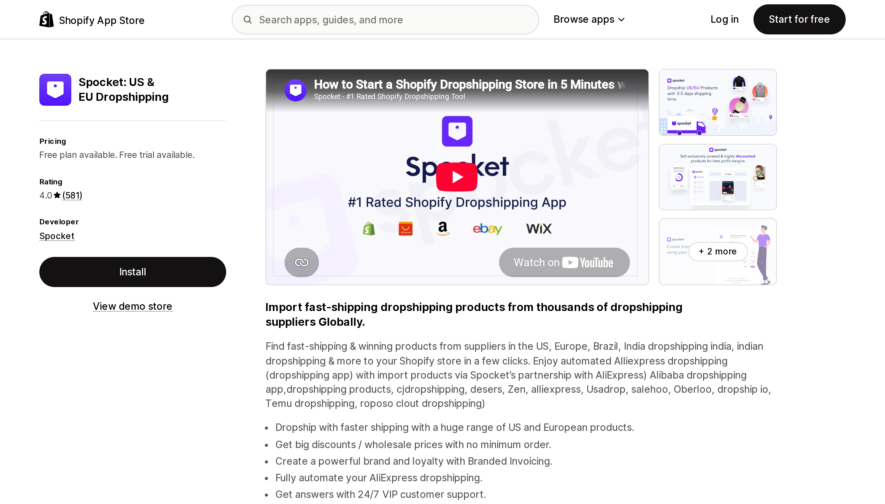 Top of the Shopify App Store listing page for Spocket: US & EU Dropshipping