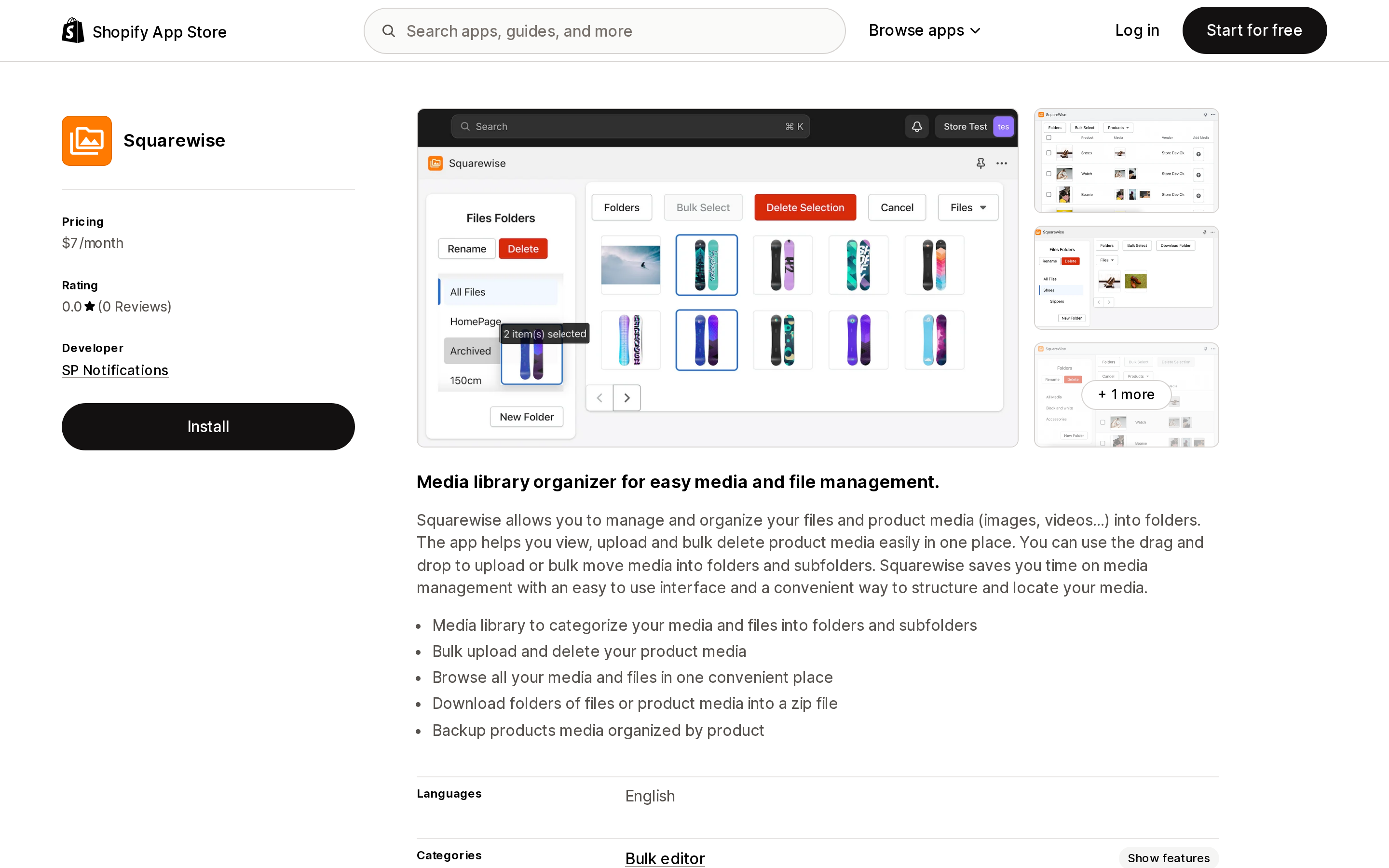Top of the Shopify App Store listing page for Squarewise by SP Notifications