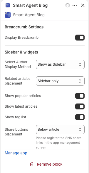 The section settings panel in the theme editor, showing Breadcrumb Settings and the Sidebar and widgets options