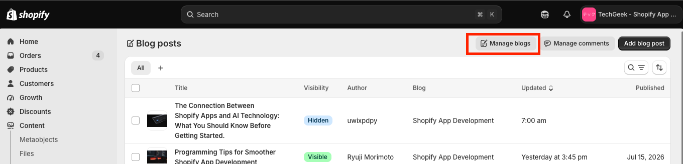 The Blog entry under Content in Shopify admin