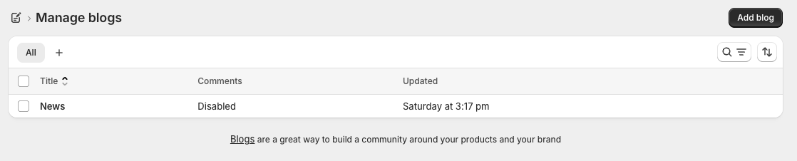 The list of blogs under Content in Shopify admin
